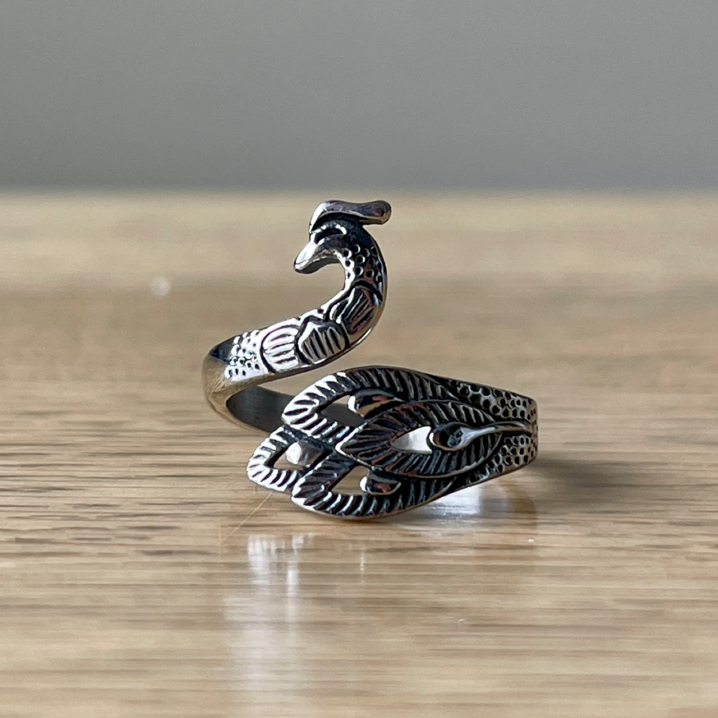 Peacock stainless steel open ring (size 8)