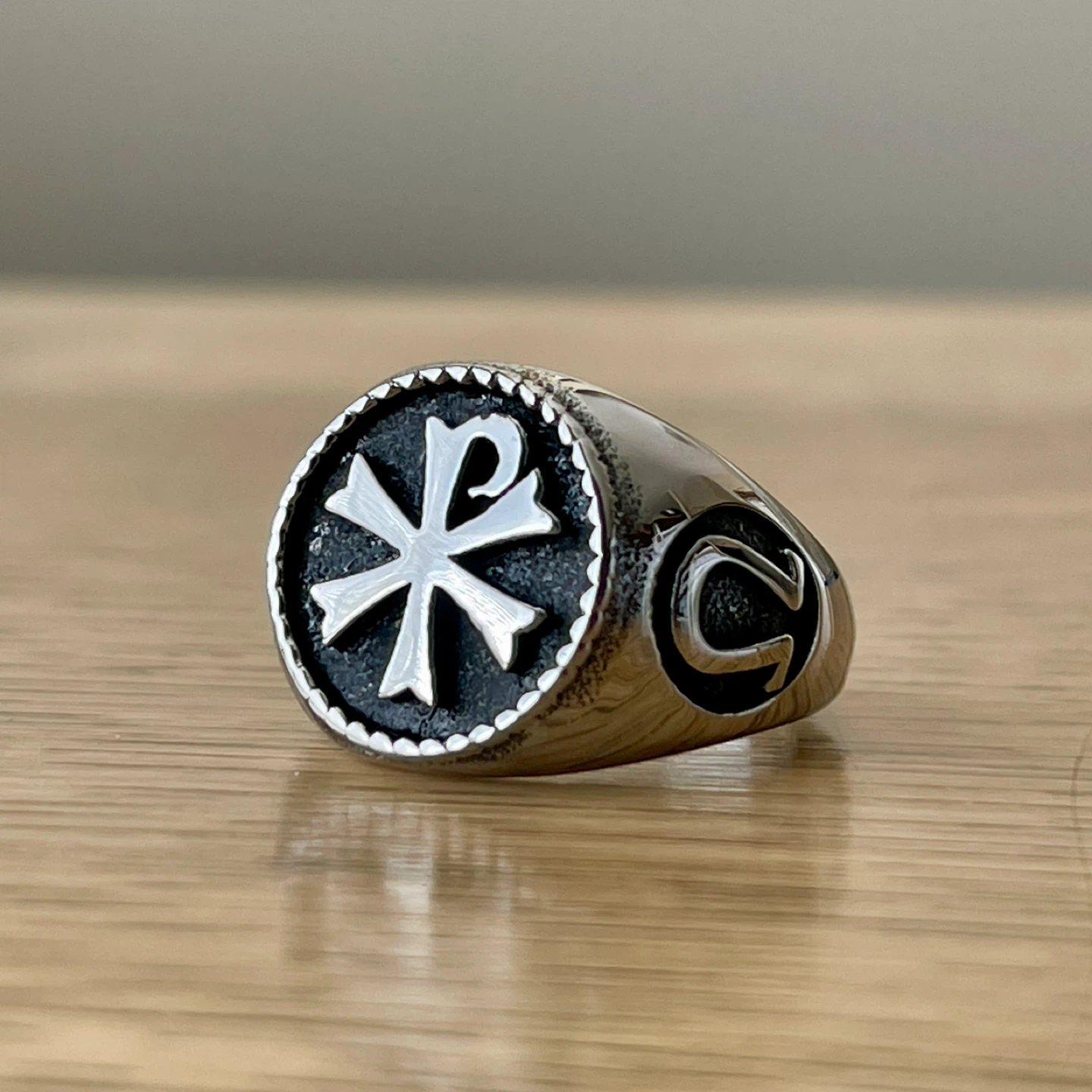 Chi Rho Alpha Omega Christian stainless steel ring (size 10)