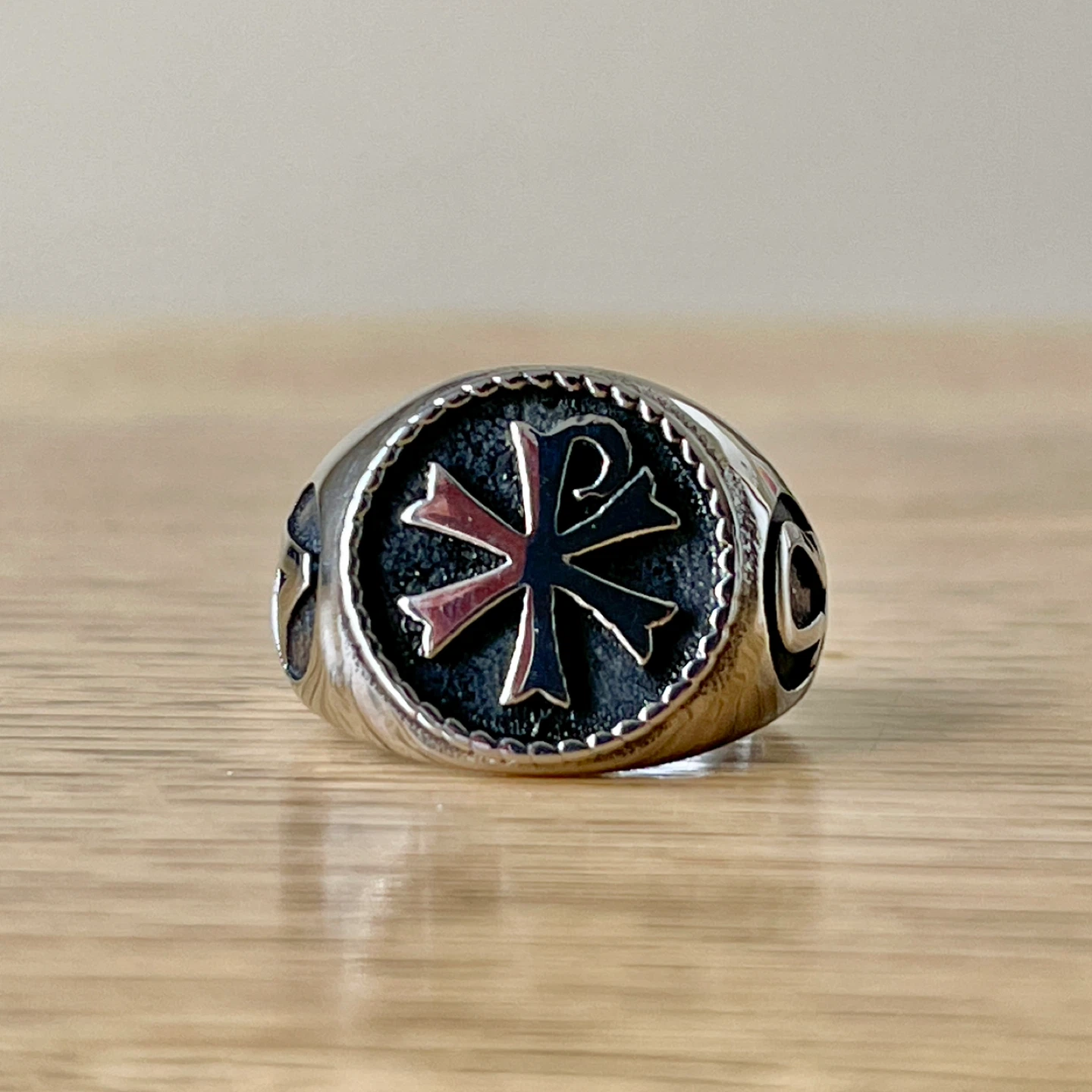 Chi Rho Alpha Omega Christian stainless steel ring (size 10) - photo 2