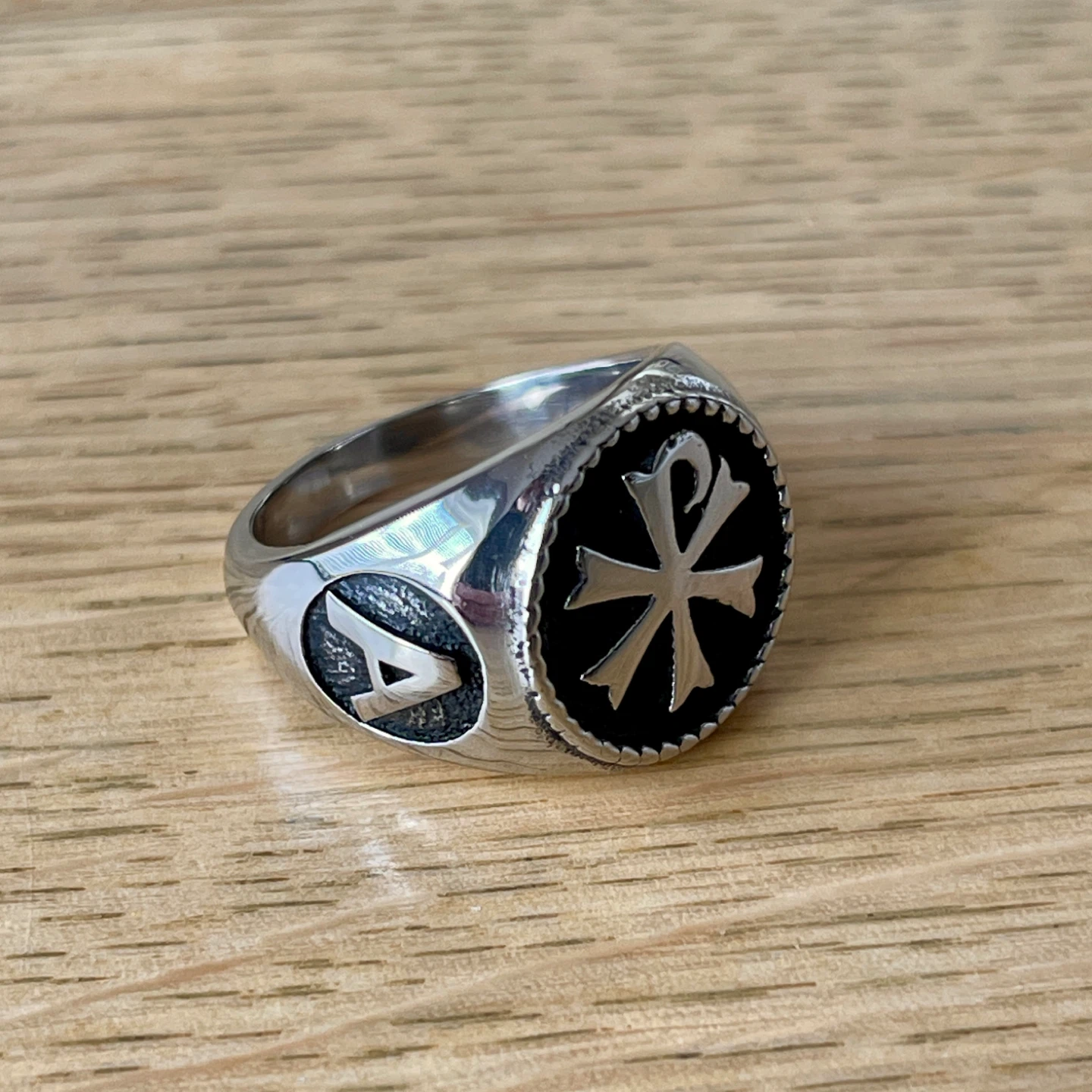 Chi Rho Alpha Omega Christian stainless steel ring (size 10) - photo 3