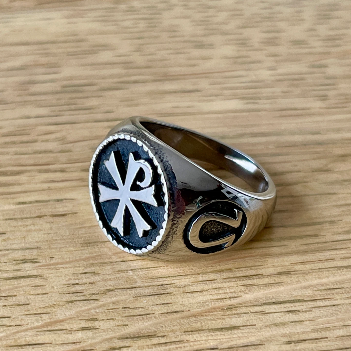 Chi Rho Alpha Omega Christian stainless steel ring (size 10) - photo 4