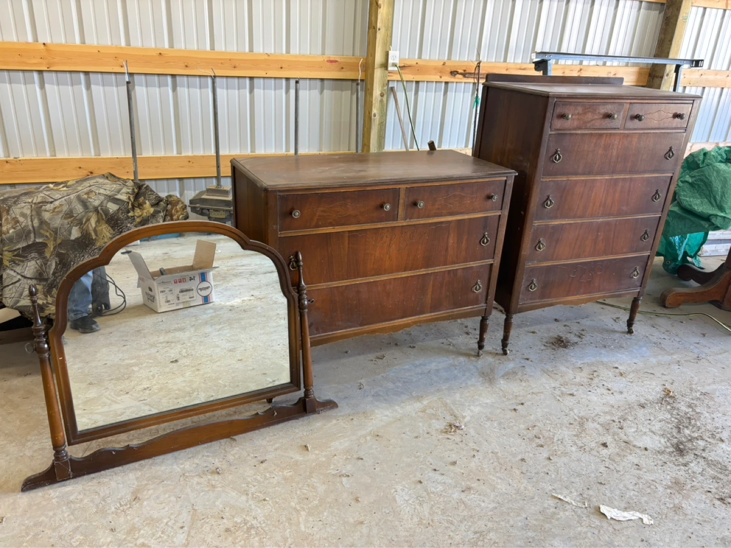 1920’s Era Walnut Dresser & Tall Dresser w/ Mirror For Sale