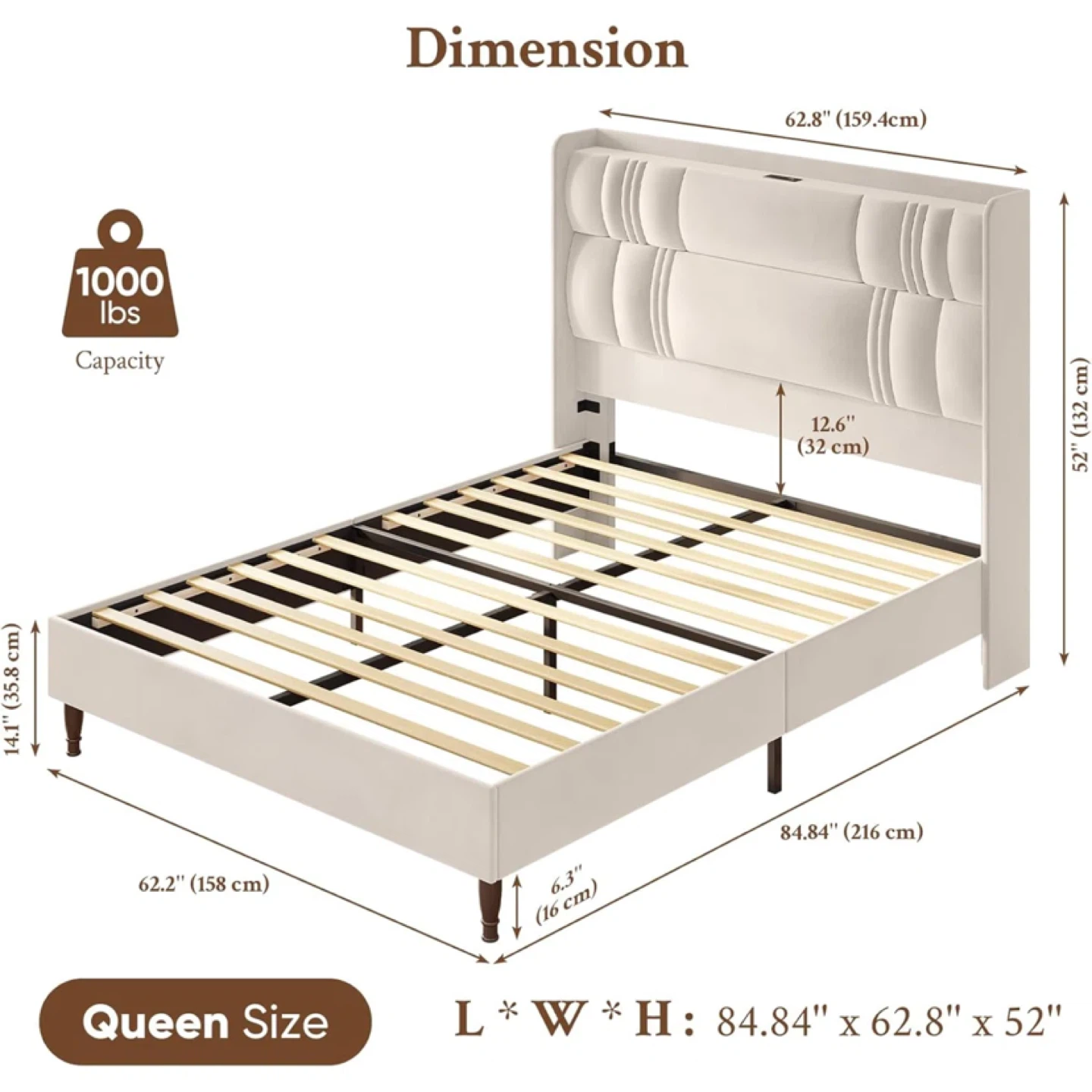 Queen Velvet Upholstered Headboard Bed Frame - photo 5