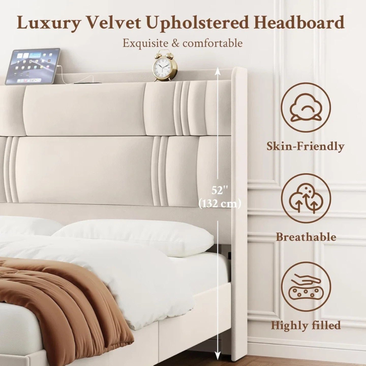 Queen Velvet Upholstered Headboard Bed Frame - photo 4