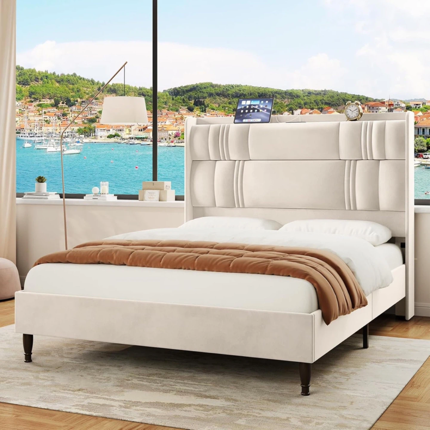 Queen Velvet Upholstered Headboard Bed Frame