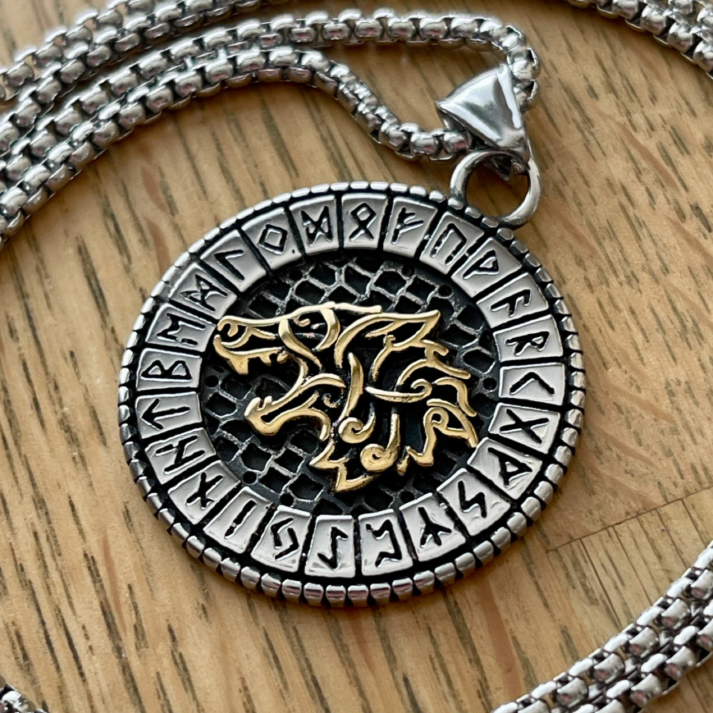 Viking wolf & runes stainless steel necklace
