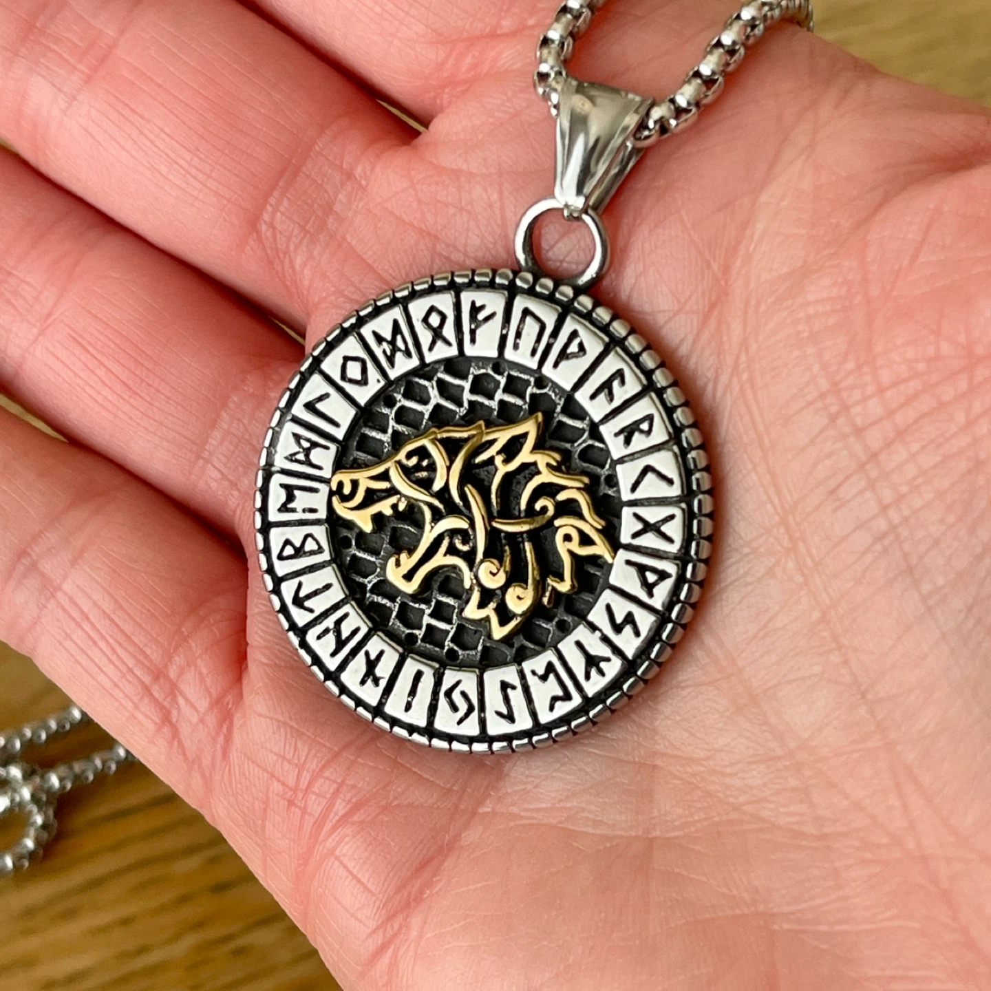 Viking wolf & runes stainless steel necklace - photo 4