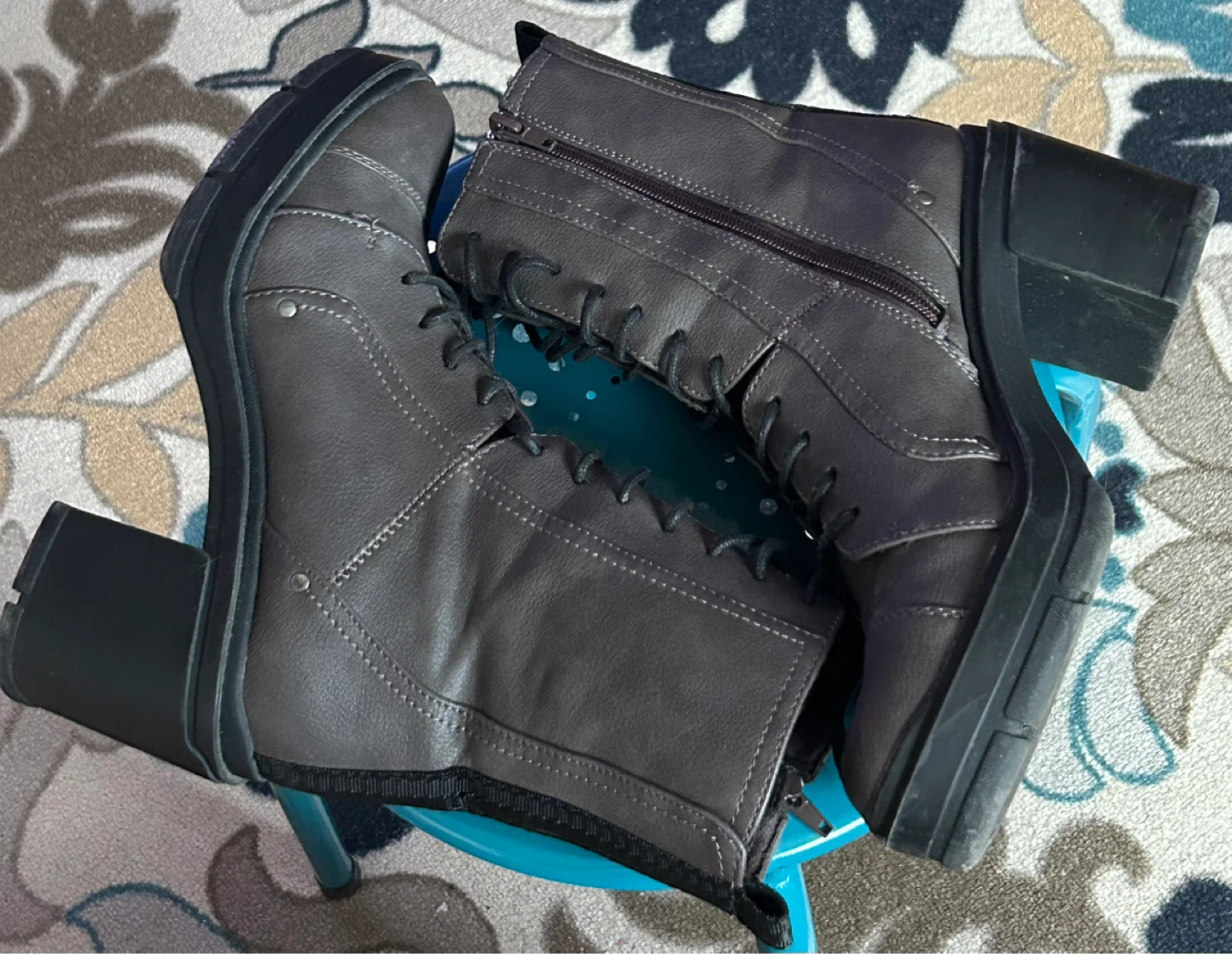 Women's Grey Lace-Up Chunky Heel Combat Boots - photo 2