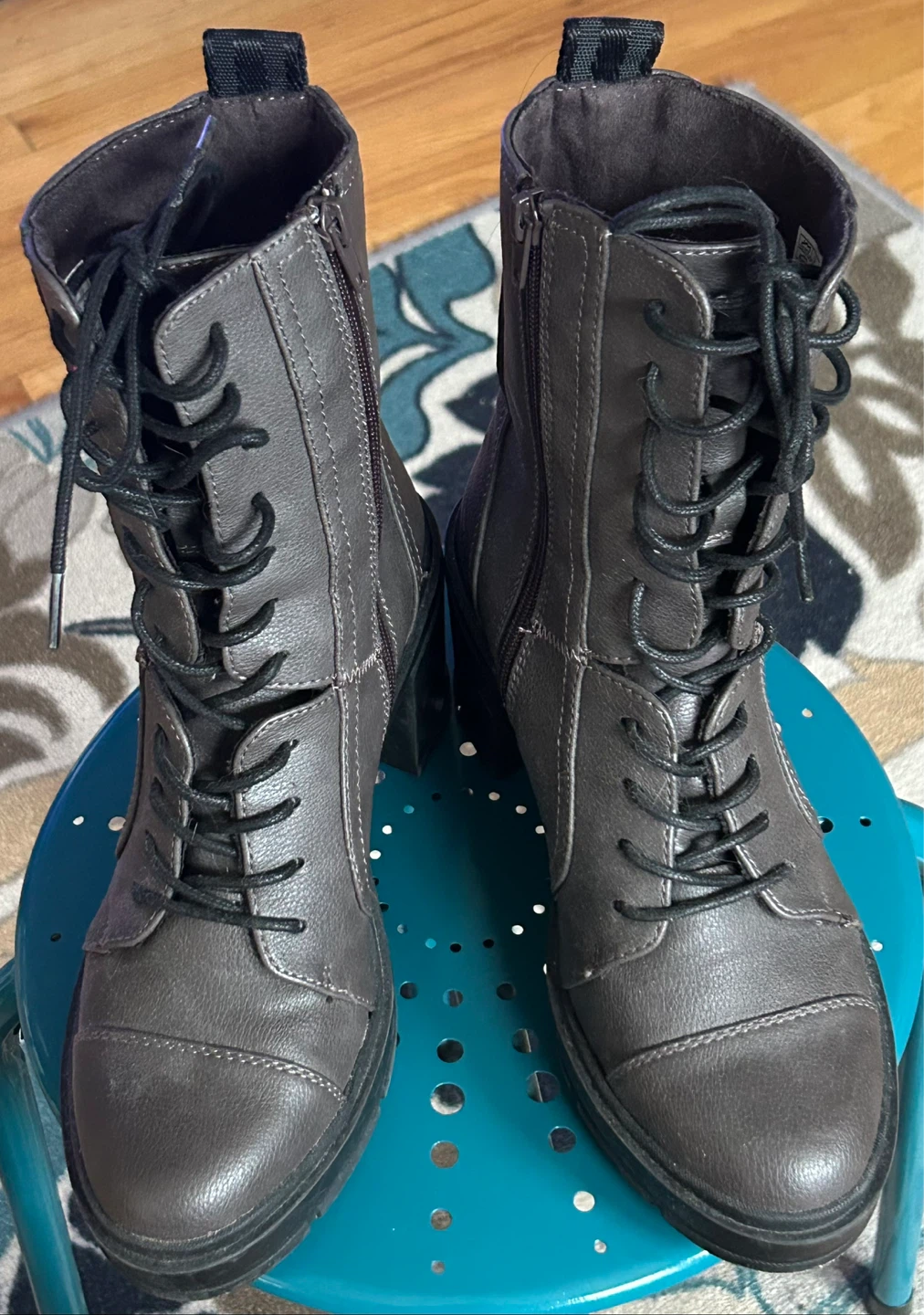 Women's Grey Lace-Up Chunky Heel Combat Boots - photo 5