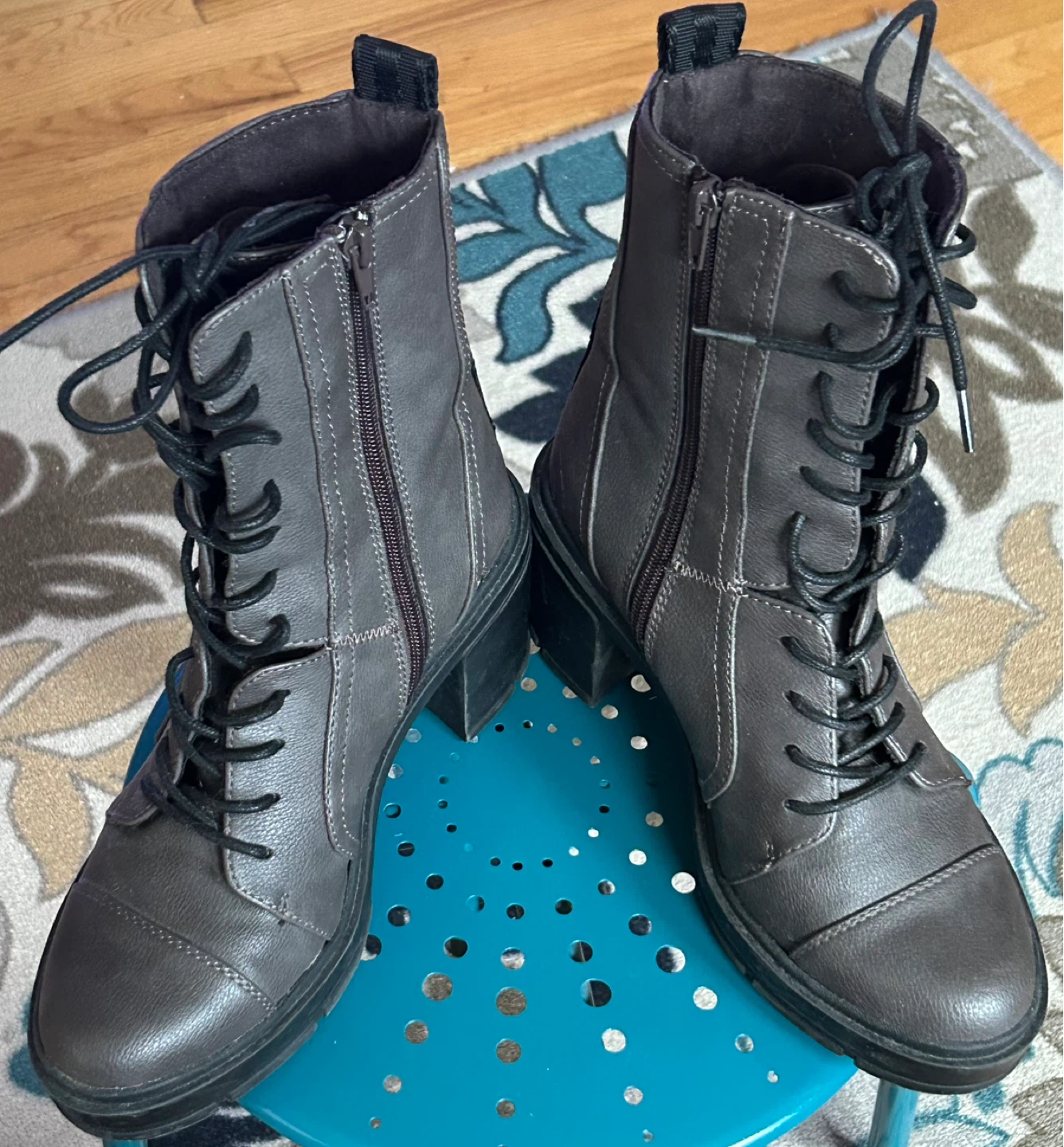 Women's Grey Lace-Up Chunky Heel Combat Boots