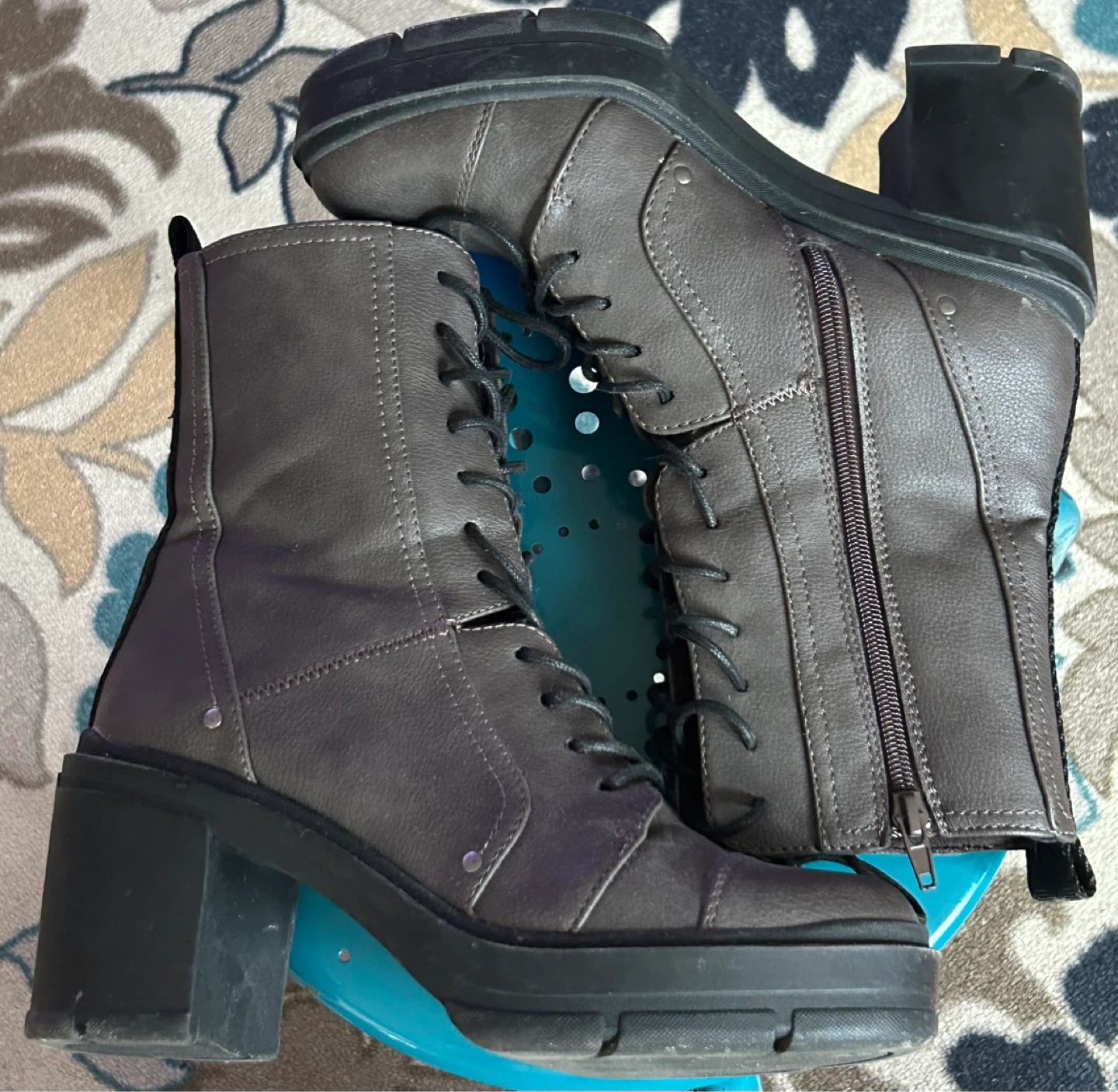 Women's Grey Lace-Up Chunky Heel Combat Boots - photo 3