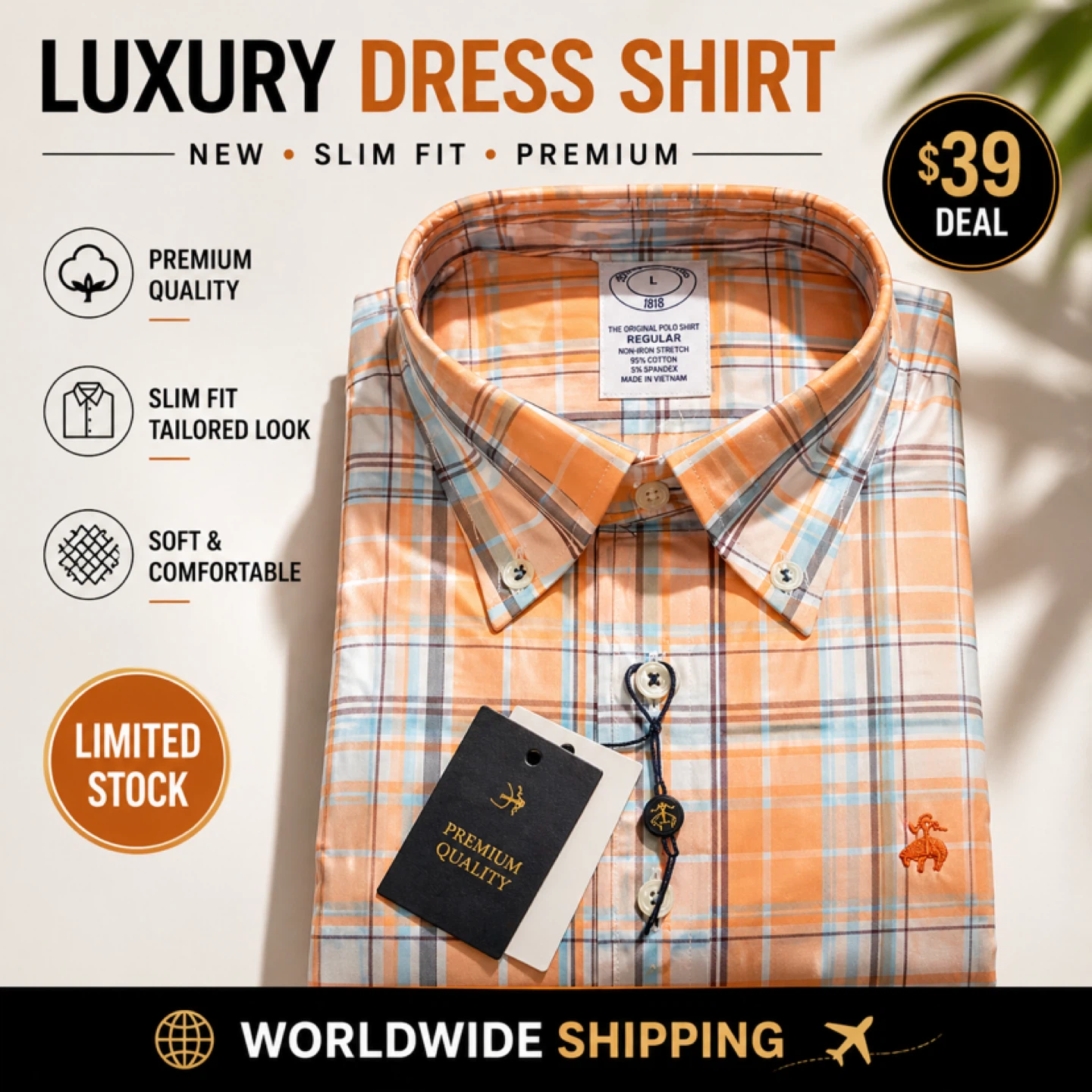 Men's Luxury Dress Shirt - Orange Plaid - Size L - photo 2