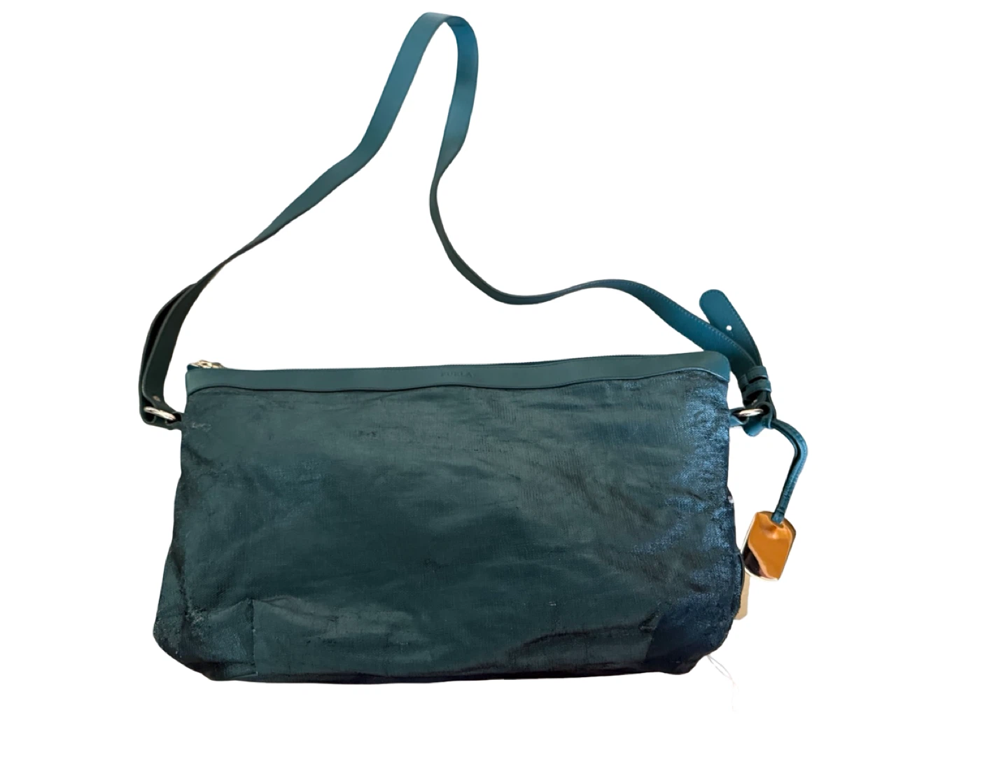 Furla Teal Metallic Leather Shoulder 2 way Tote Bag