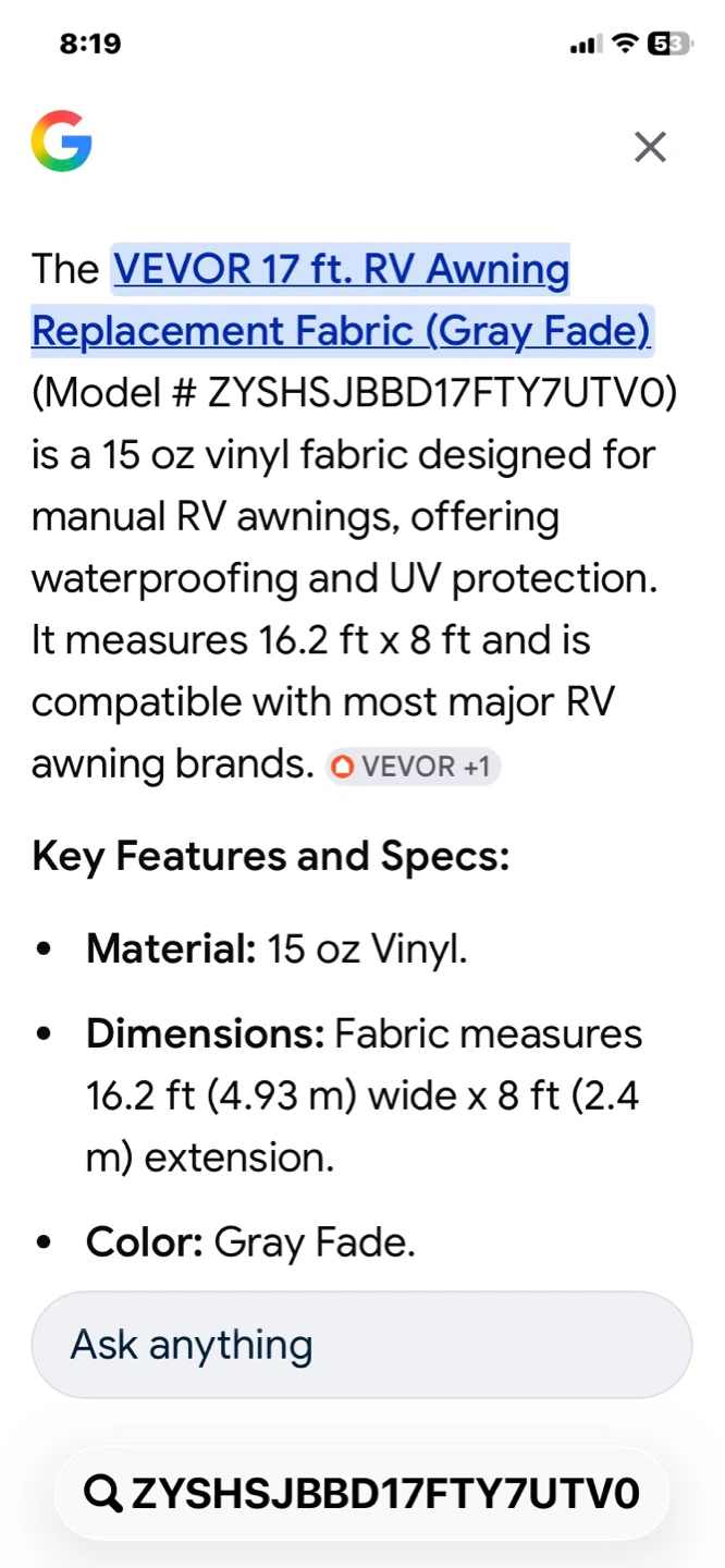 VEVOR 17 ft RV Awning Replacement Fabric (Gray Fade)