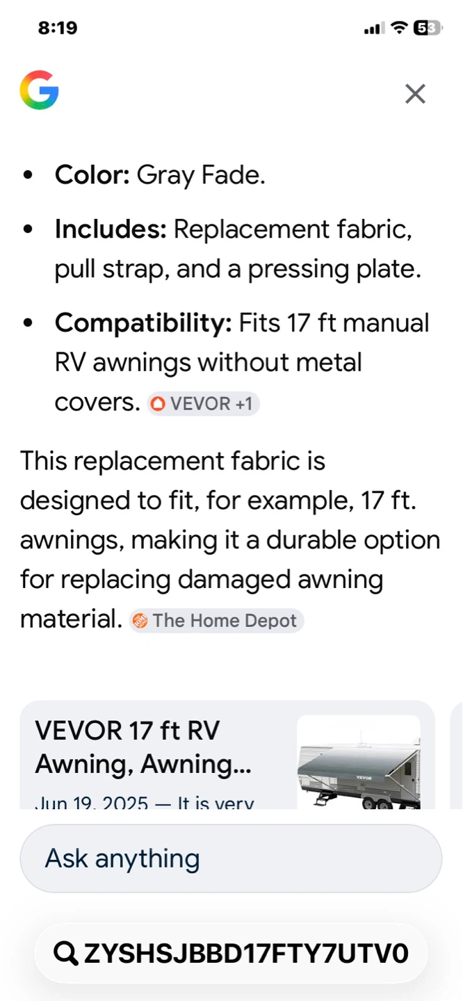 VEVOR 17 ft RV Awning Replacement Fabric (Gray Fade) - photo 2