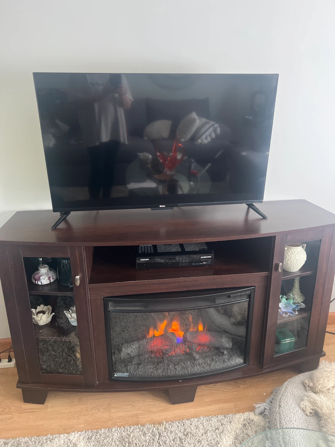 Dark Wood Media Console with Electric Fireplace