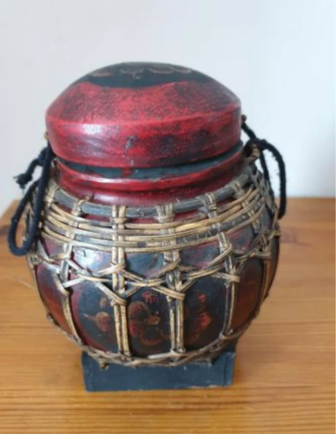 Decorative Red and Black Woven Jar with Lid