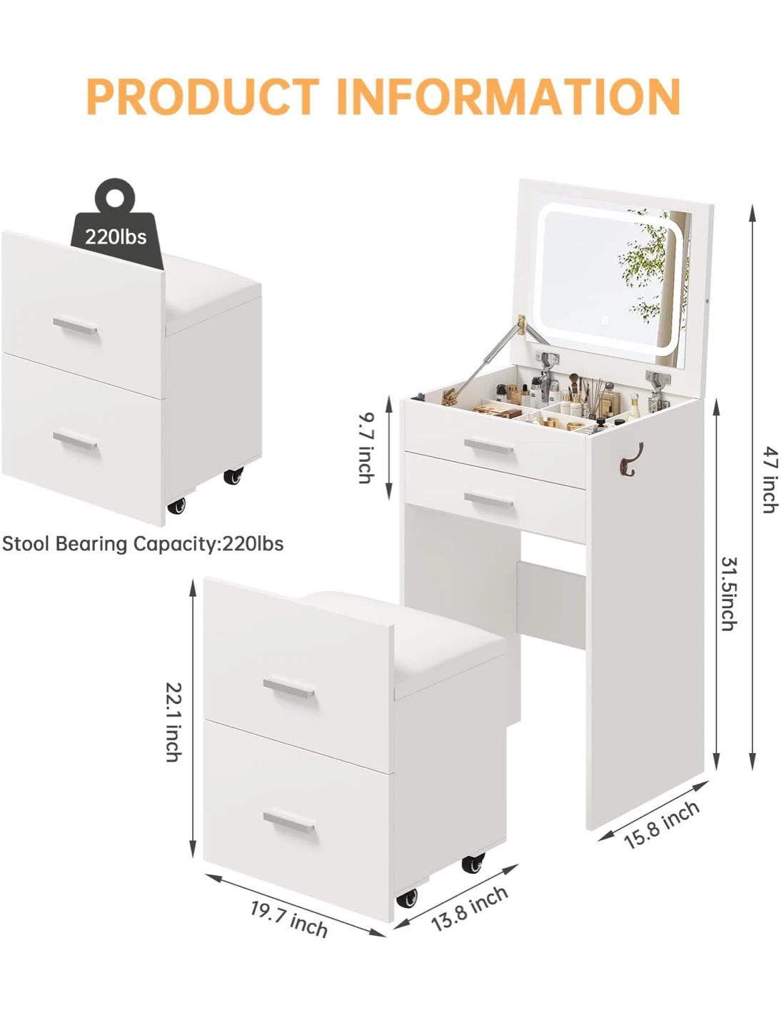 White Vanity Table with Lighted Mirror and Stool - photo 4