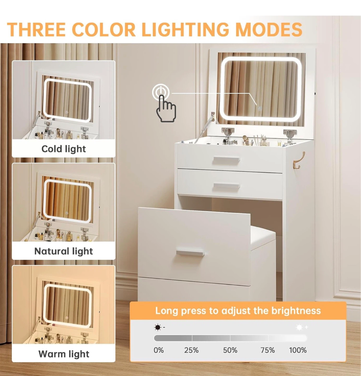 White Vanity Table with Lighted Mirror and Stool - photo 2