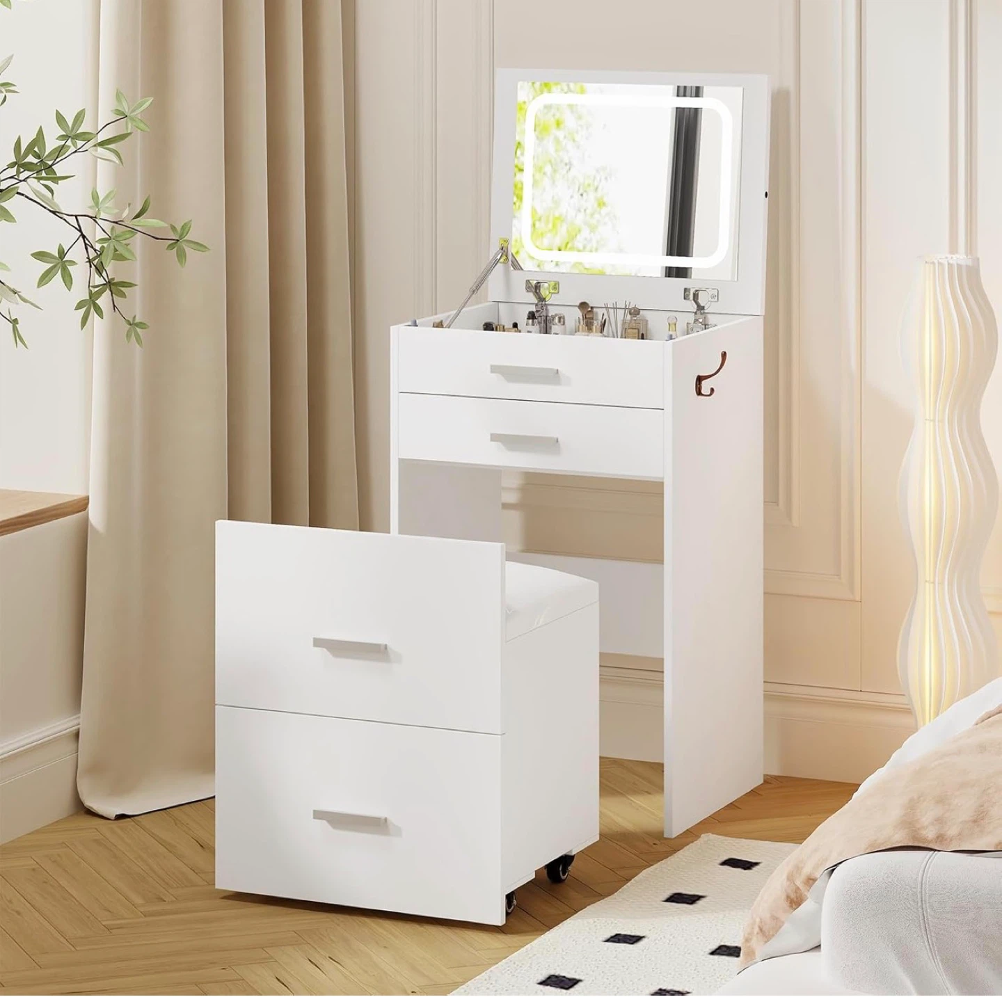 White Vanity Table with Lighted Mirror and Stool