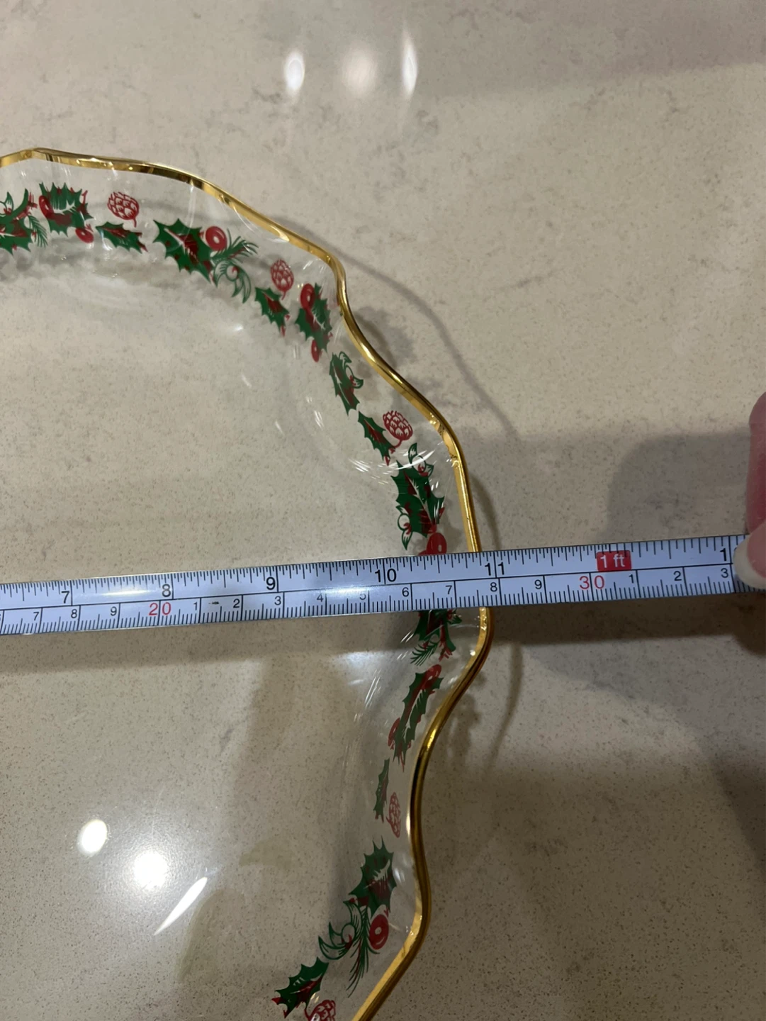 Glass Serving Dish with Gold Rim - Christmas Holly Design - photo 3