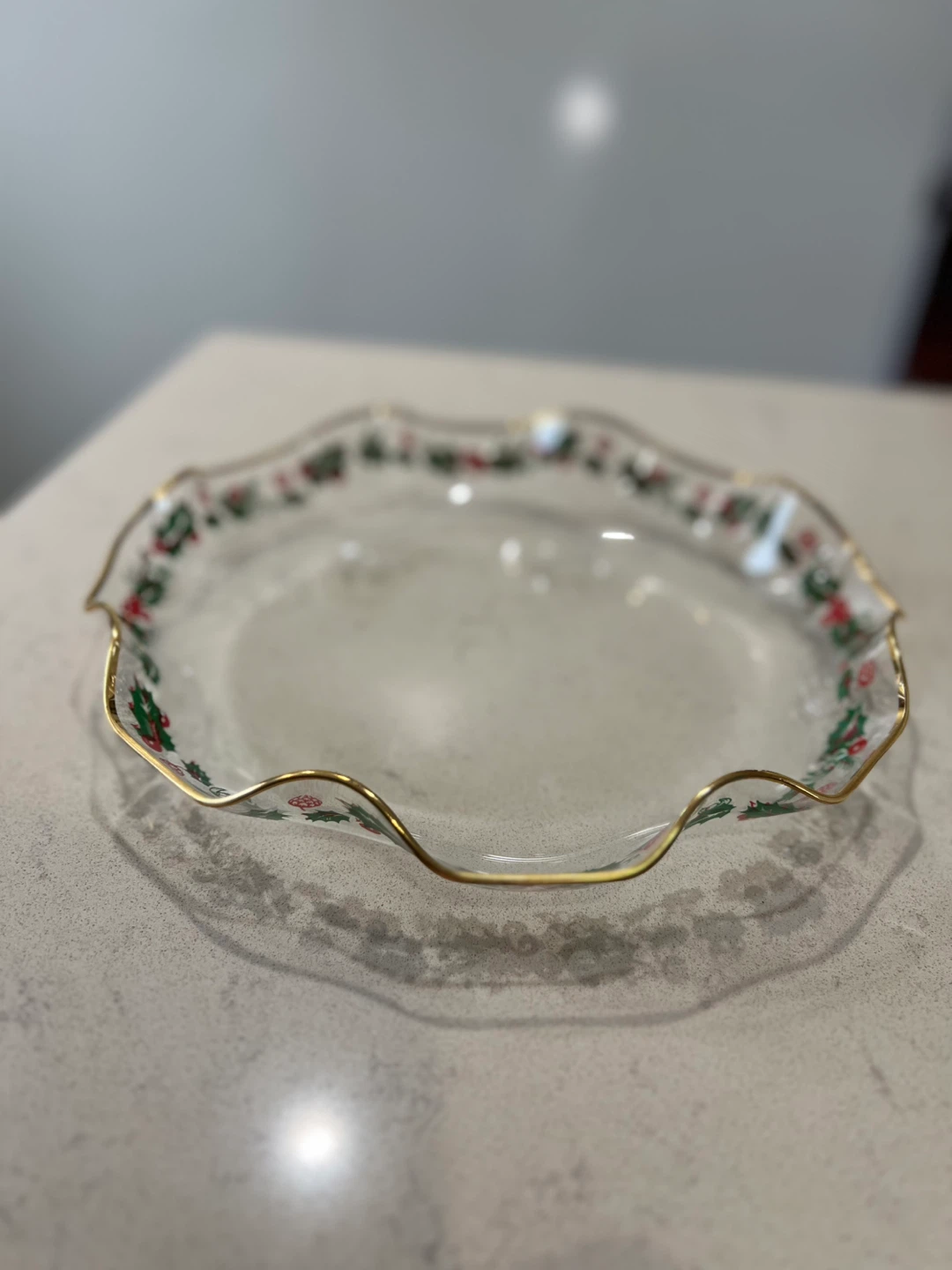 Glass Serving Dish with Gold Rim - Christmas Holly Design - photo 2