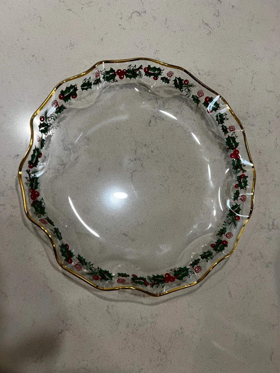 Glass Serving Dish with Gold Rim - Christmas Holly Design