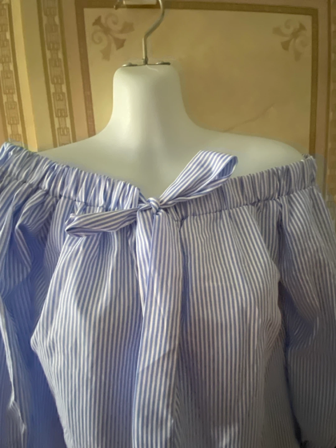 Blue and white striped off-the-shoulder blouse - photo 2