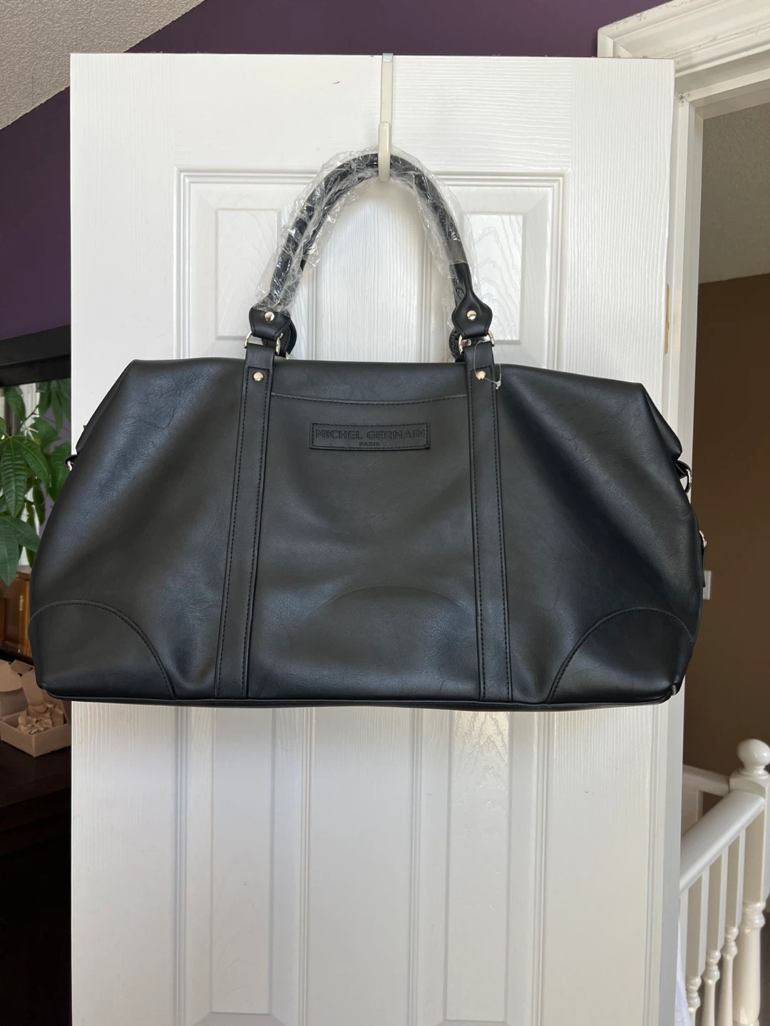 NEW Michel Germain Paris Black Faux Leather Duffle Bag