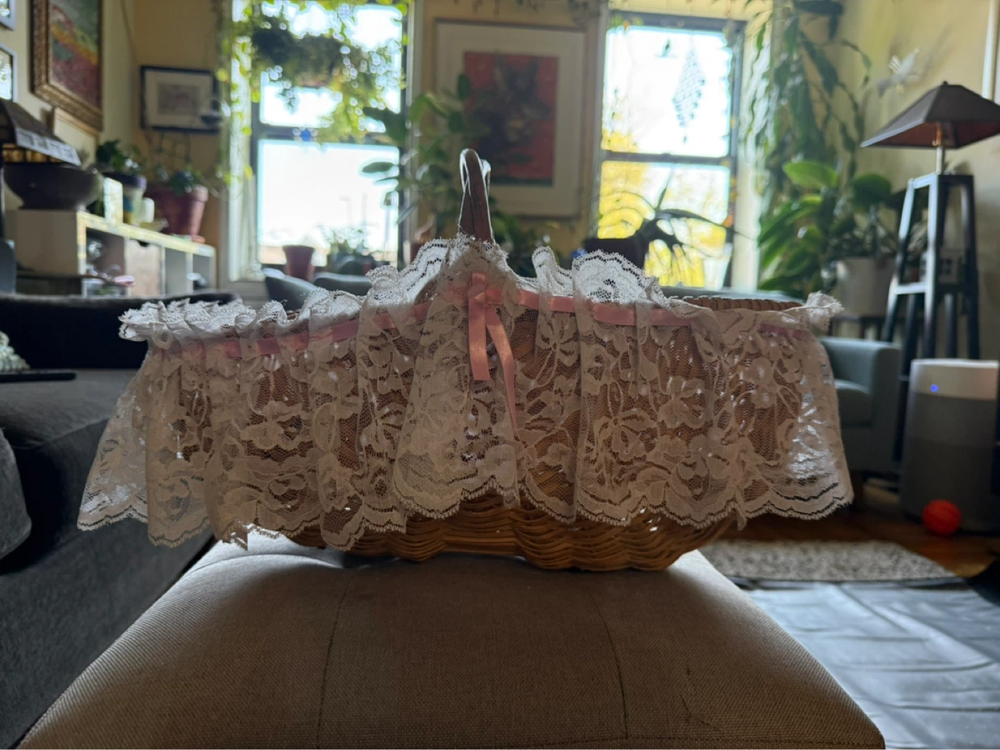 Decorative Wicker Basket with Lace Trim