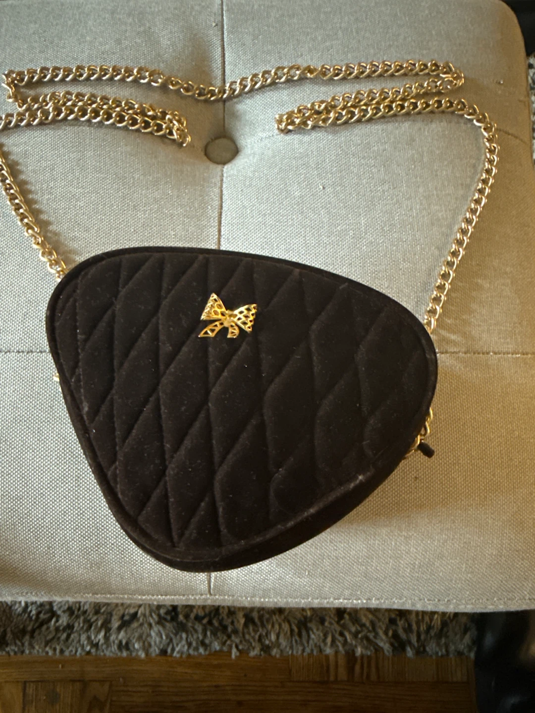 Brown Quilted Velvet Clutch with Gold Bow and Chain