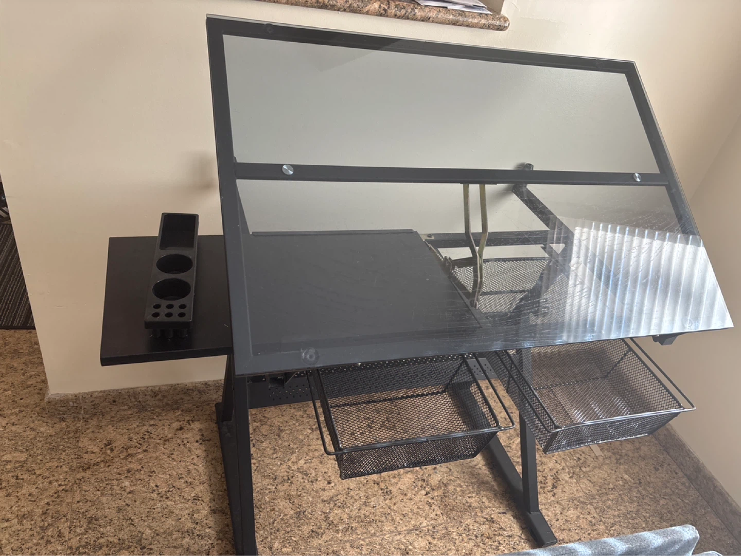 Adjustable Drafting Desk with Glass Top and Storage Baskets - photo 3