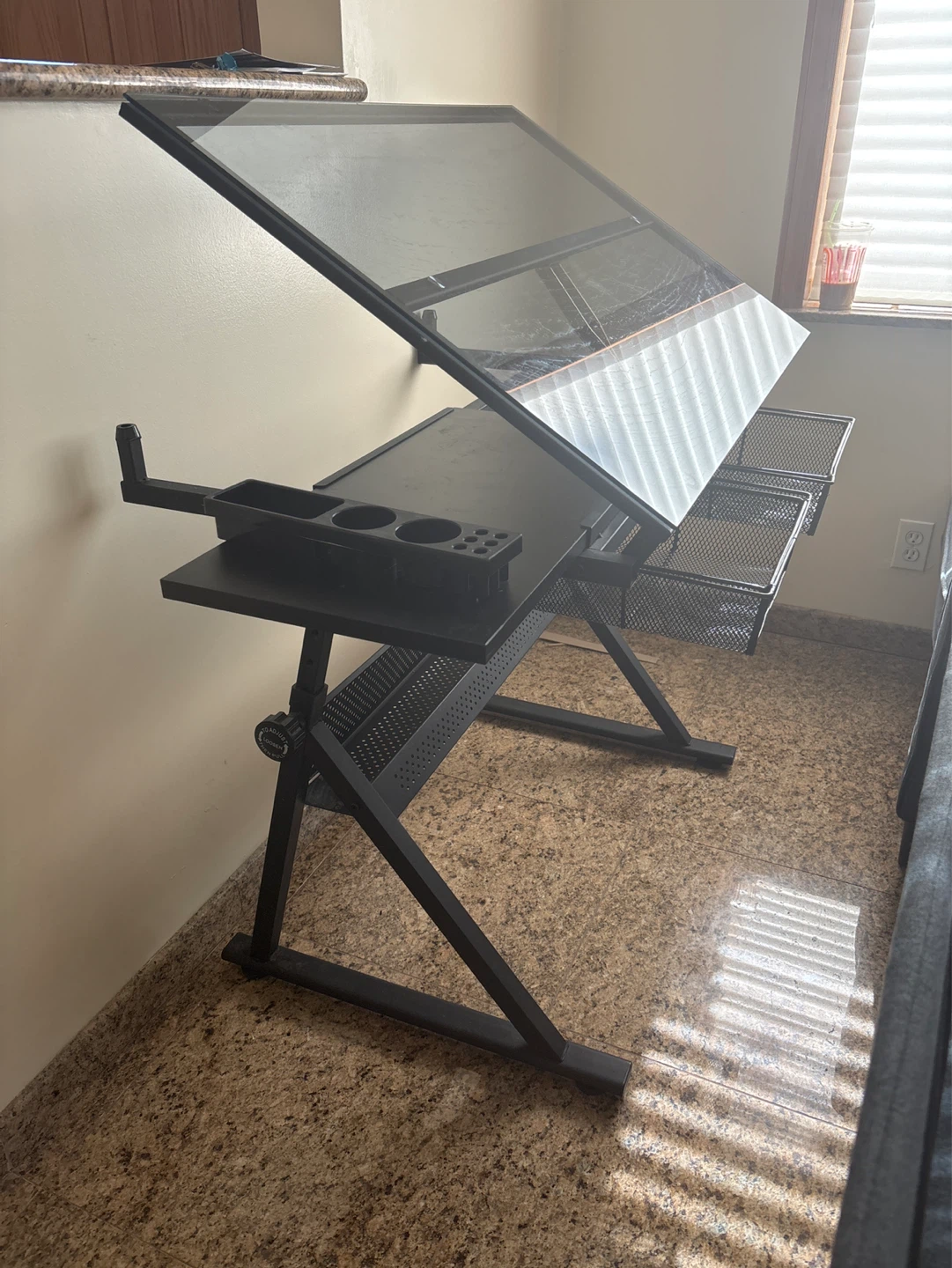 Adjustable Drafting Desk with Glass Top and Storage Baskets - photo 2