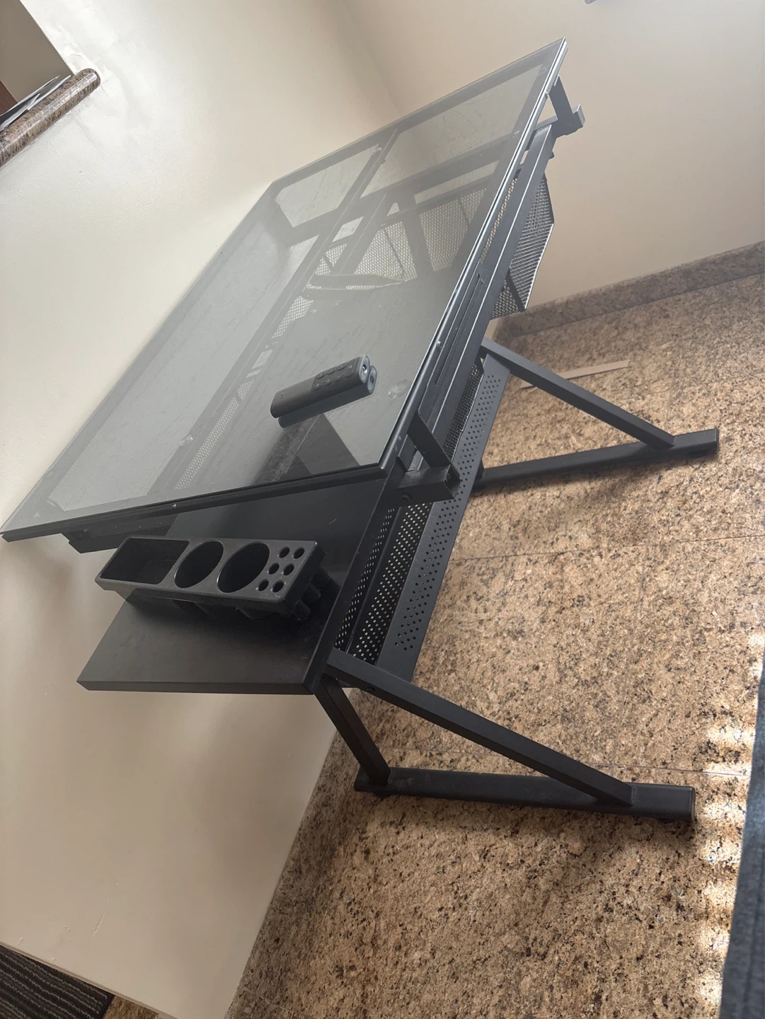 Adjustable Drafting Desk with Glass Top and Storage Baskets