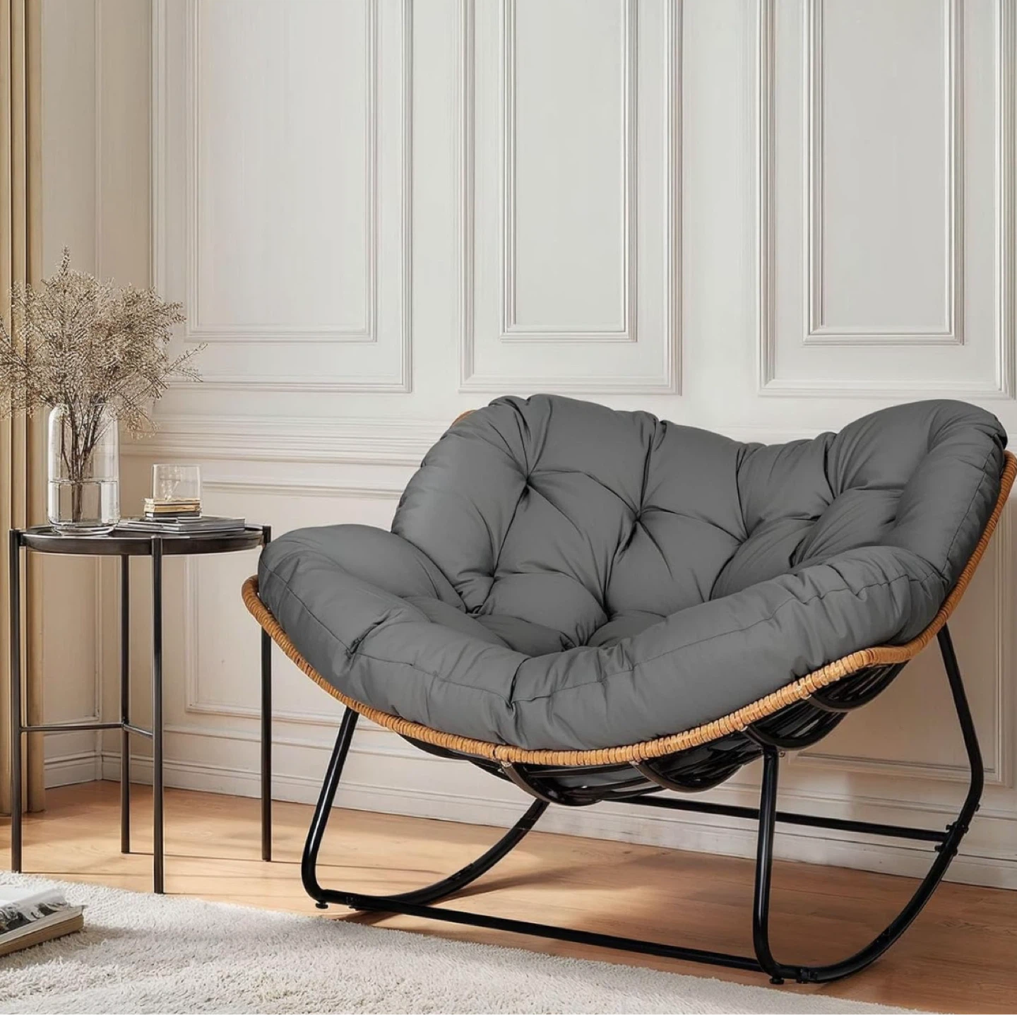 Grey Rattan Rocking Chair with Cushion