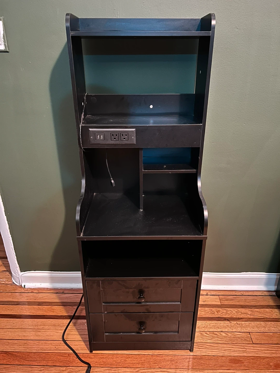 Black Nightstand with shelves, drawers and outlets