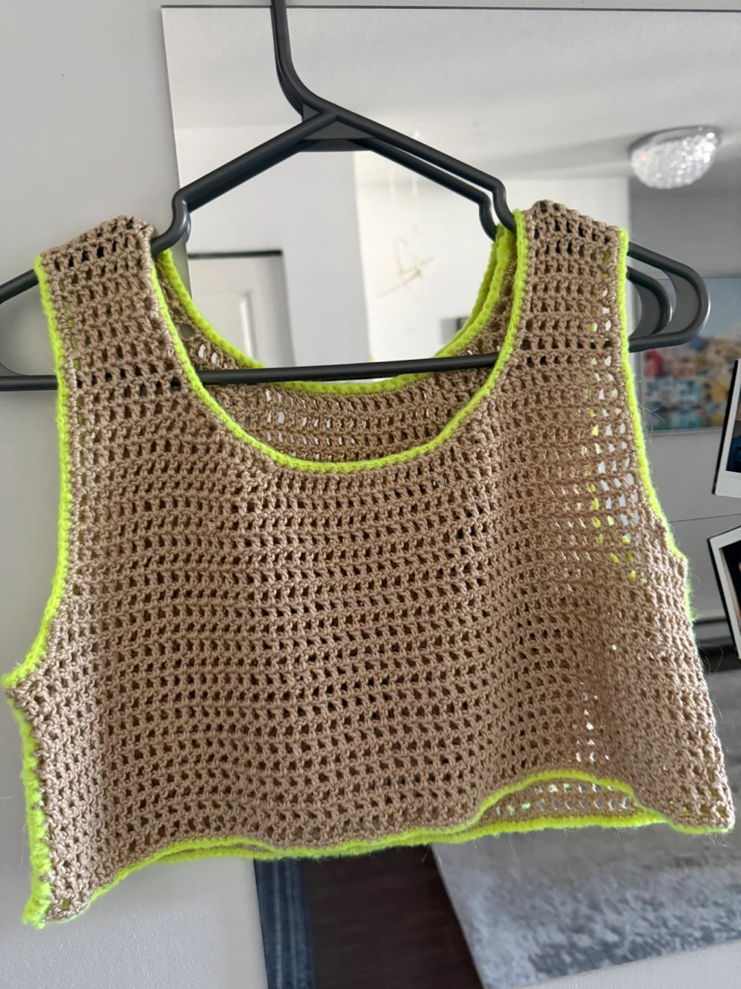 Crocheted Tank Top - Tan with Neon Green Trim
