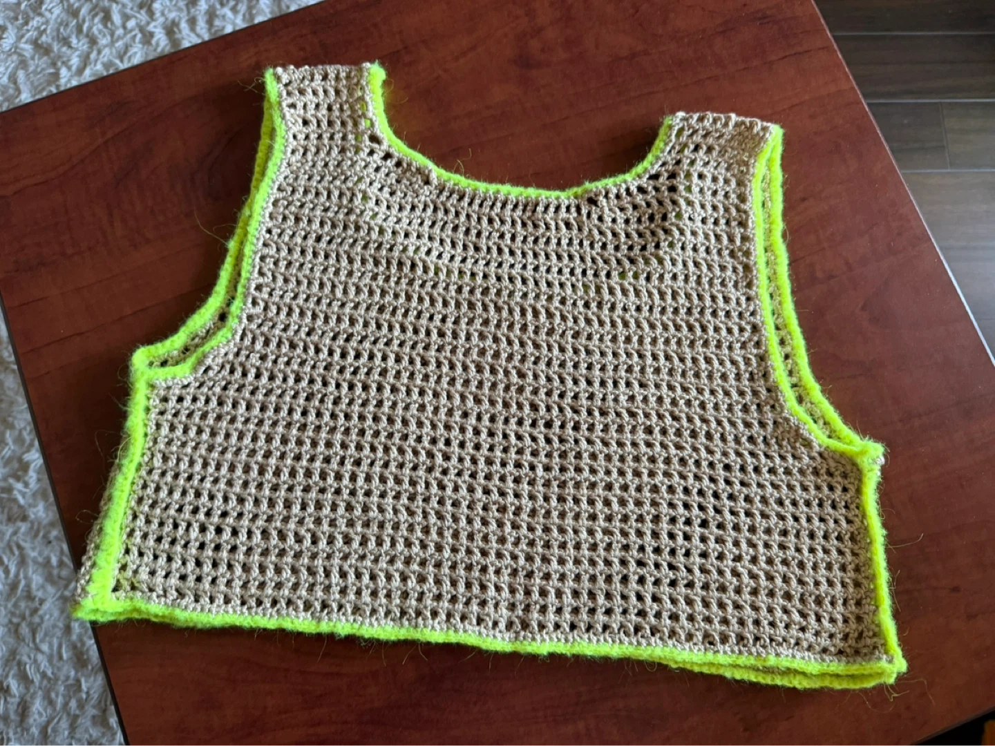 Crocheted Tank Top - Tan with Neon Green Trim - photo 3