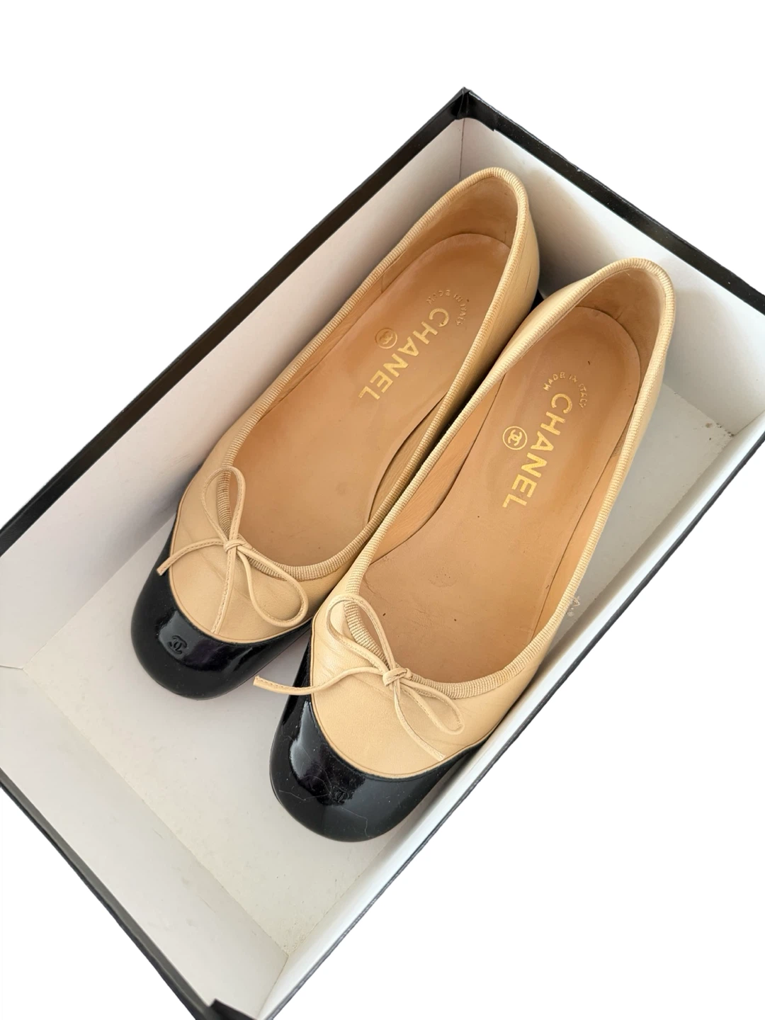 Chanel Ballet Flats - Beige/Black Cap Toe Size 35