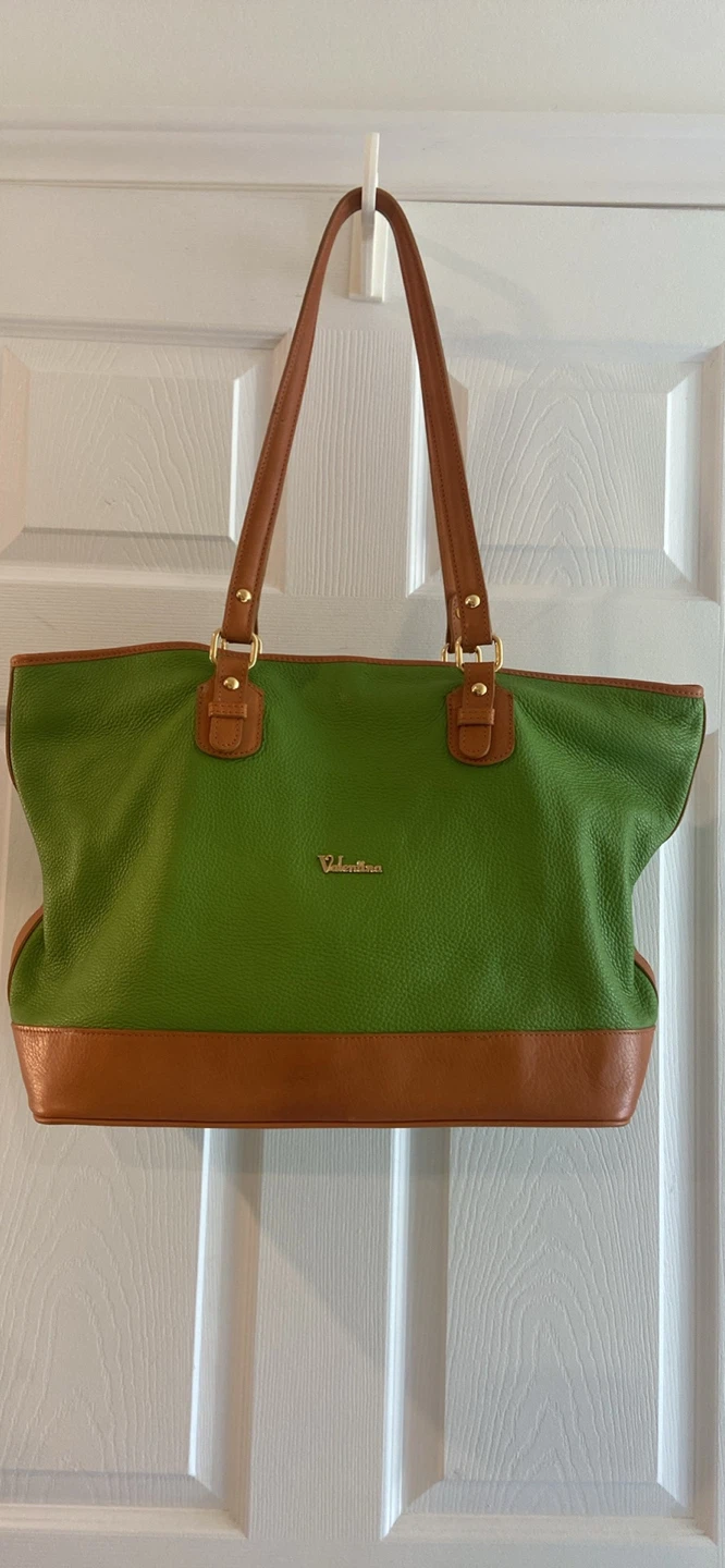 Valentina Genuine Leather Tote Bag - Green and Brown