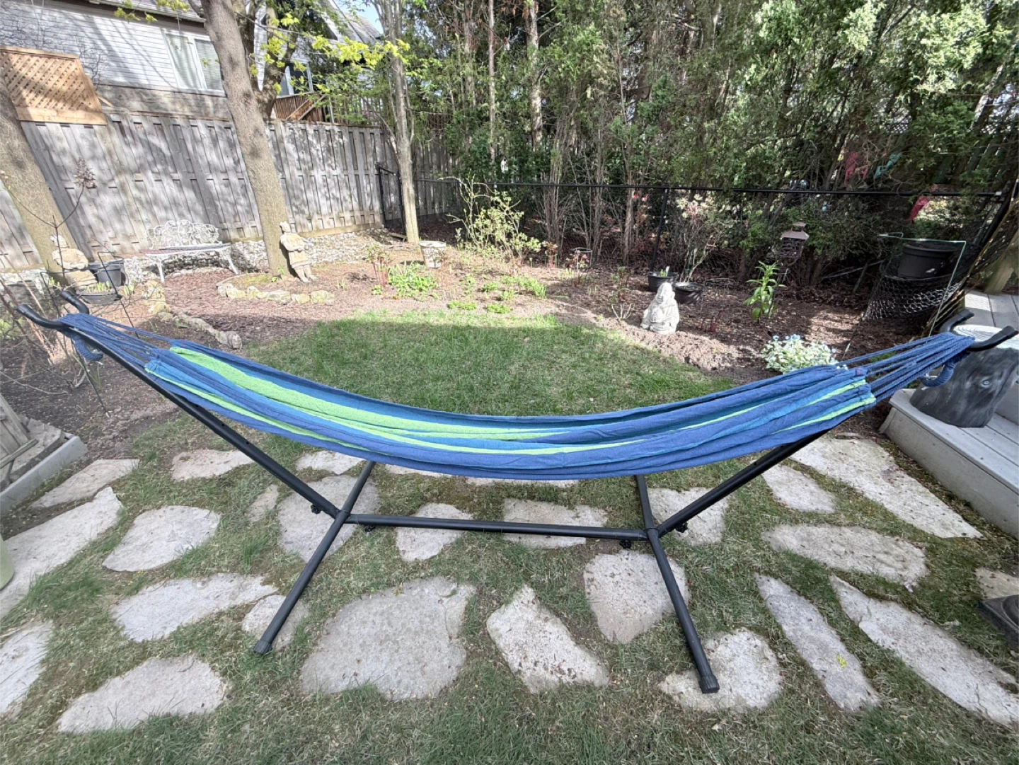 Blue and Green Striped Hammock with Stand