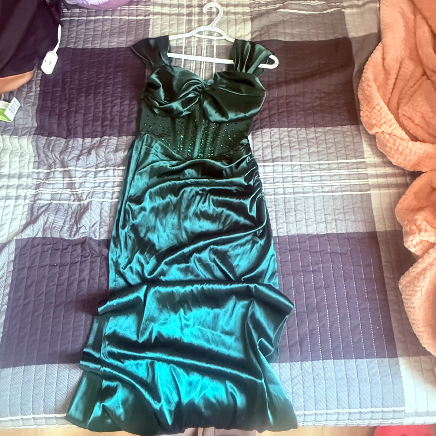 Emerald Green Satin Gown with Rhinestone Embellishment