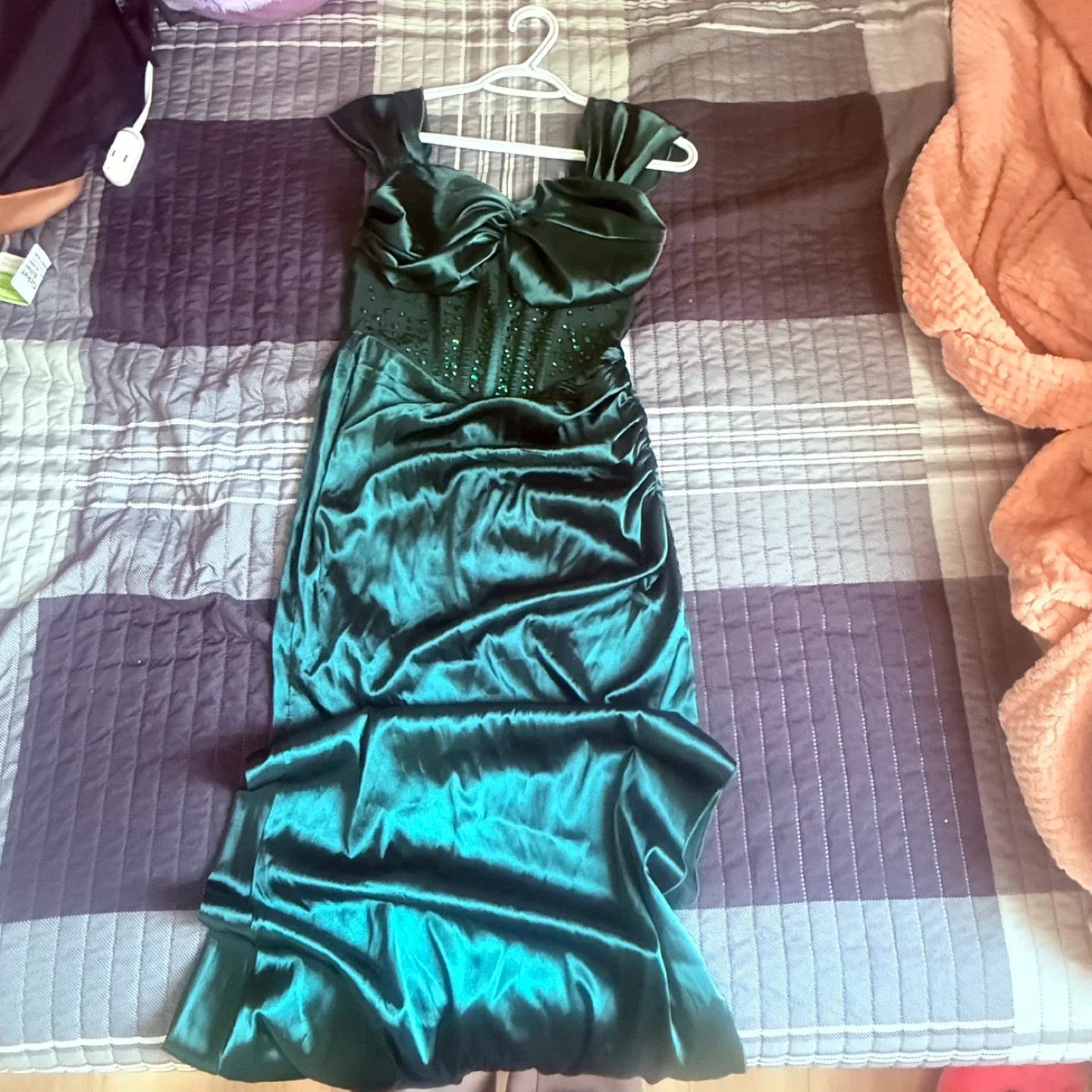 Emerald Green Satin Gown with Rhinestone Embellishment
