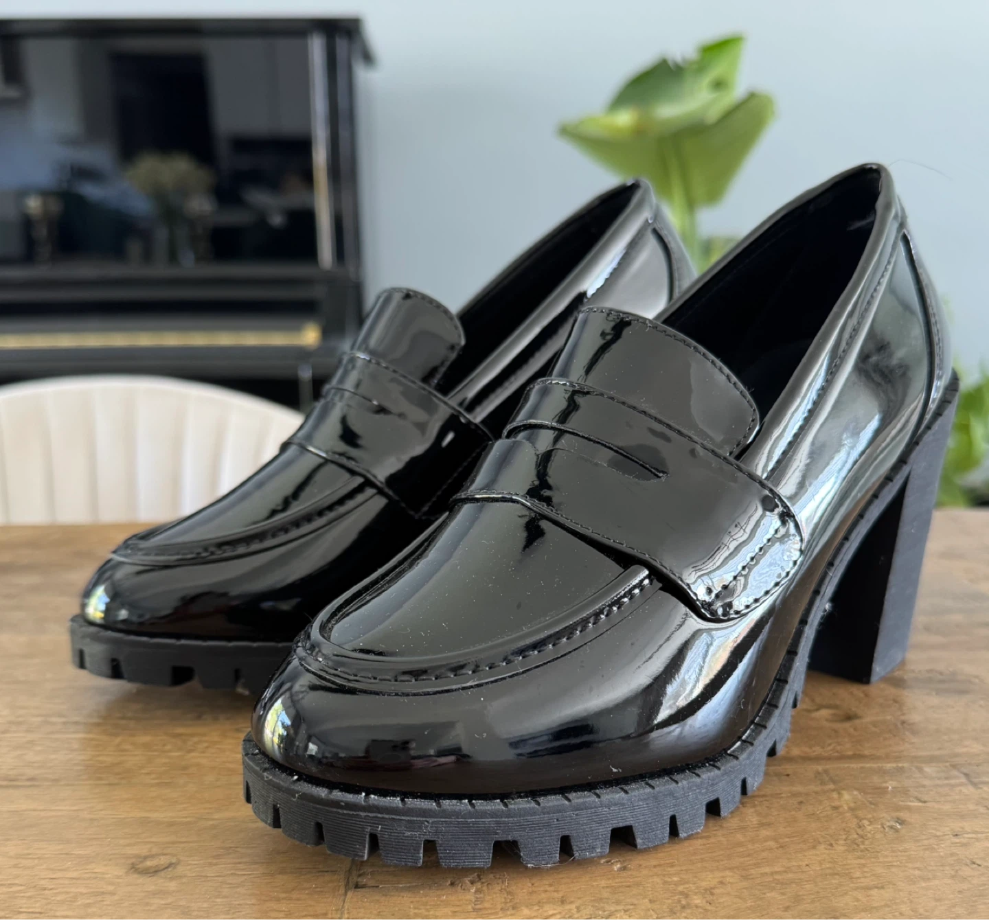 Black Patent Chunky Heel Loafers