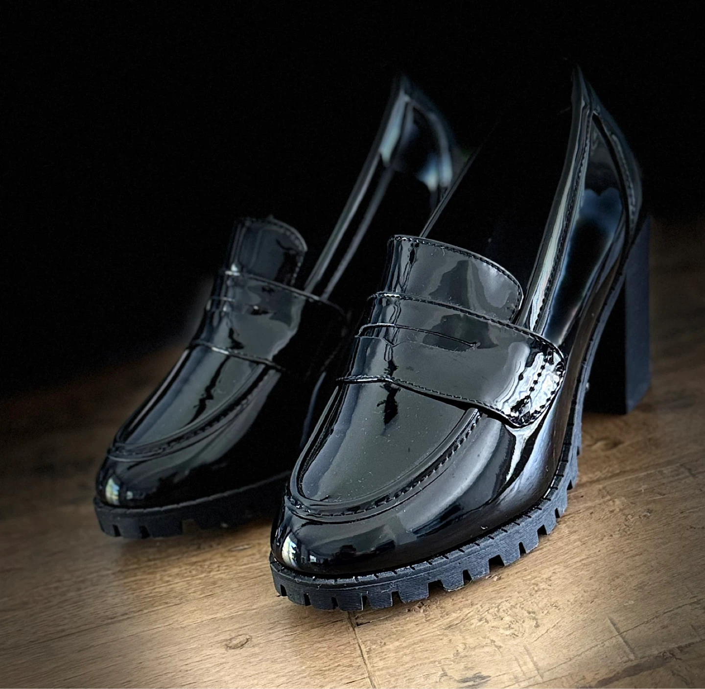 Black Patent Chunky Heel Loafers - photo 2