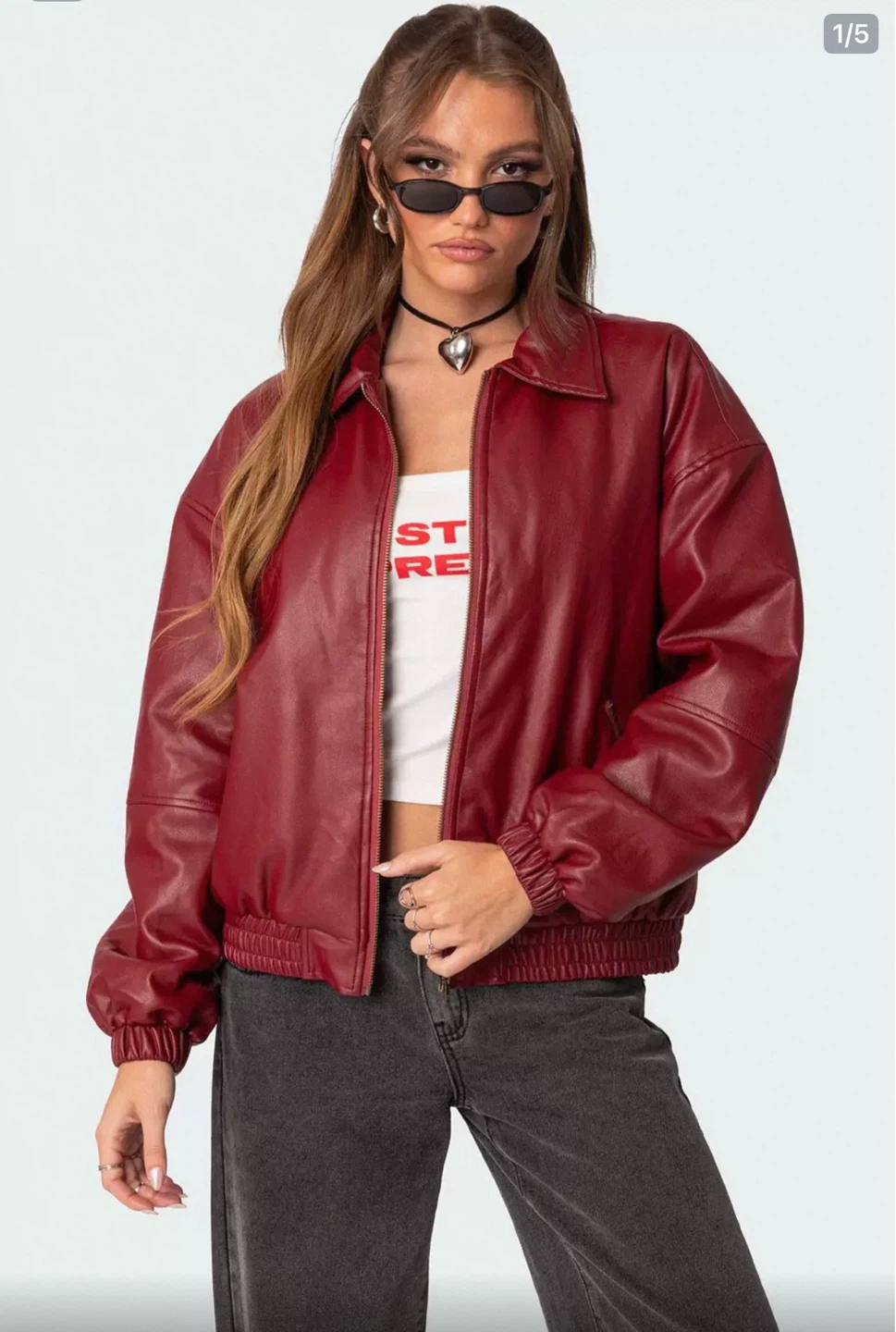 Edikted Red Faux Leather Zip-Up Jacket – Cropped Vintage Style - photo 3
