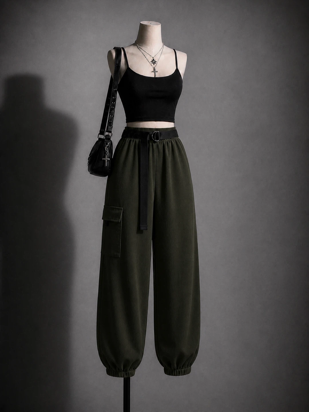 Shein Olive Green Cargo Joggers with Black Belt