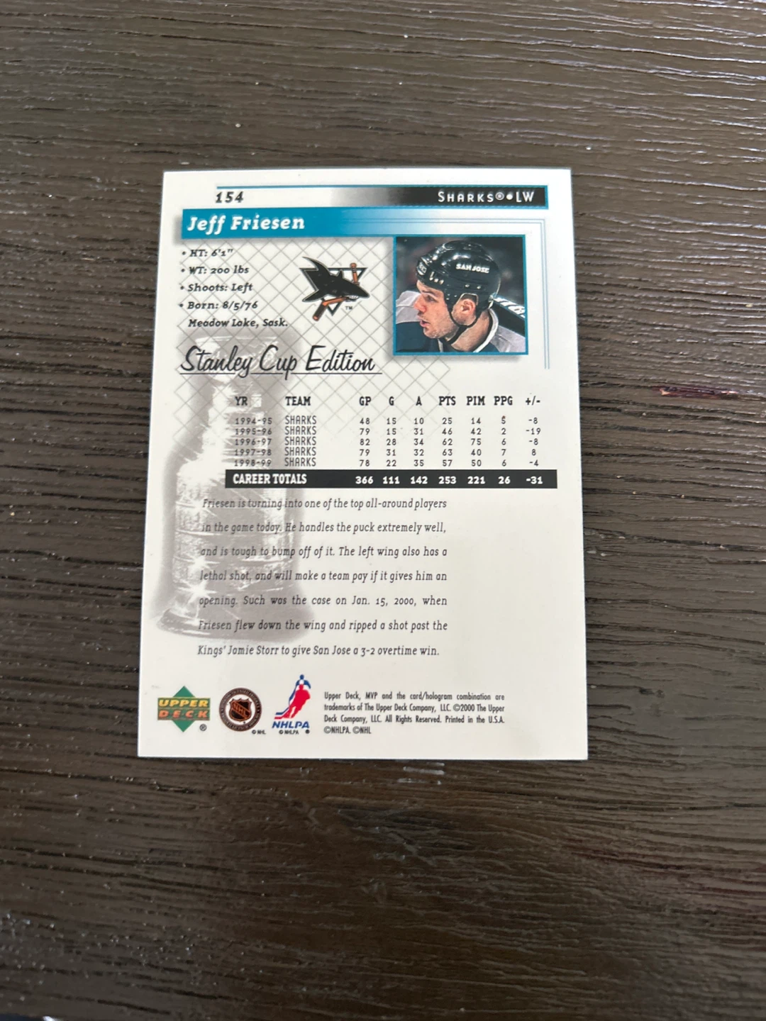 Jeff Friesen 1996-97 Upper Deck Stanley Cup Edition Hockey Card - photo 2