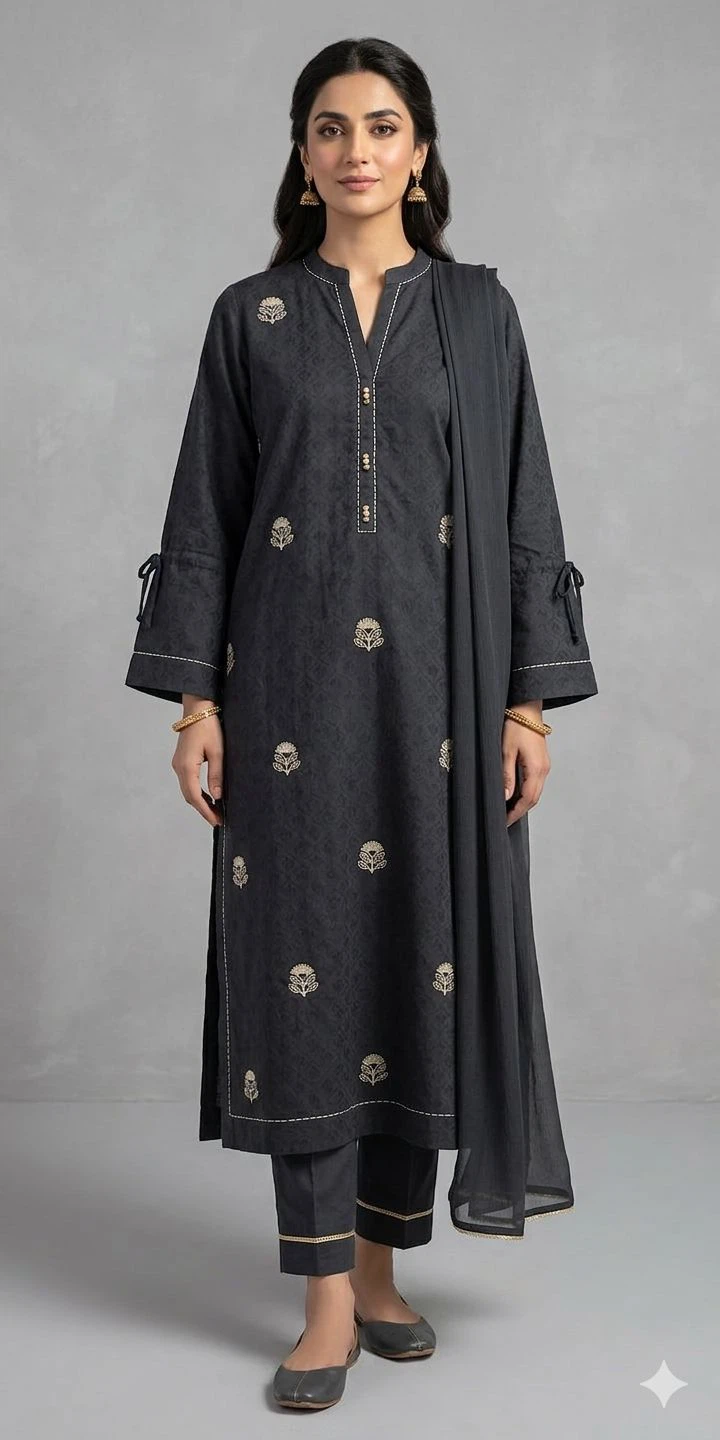 Embroidered Black Kurti with Trousers and Dupatta