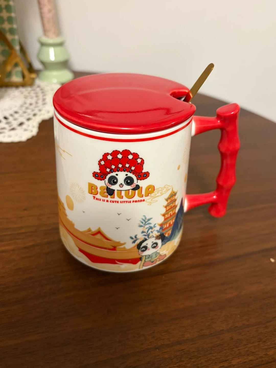 Bertula Cute Panda Ceramic Mug with Lid and Spoon